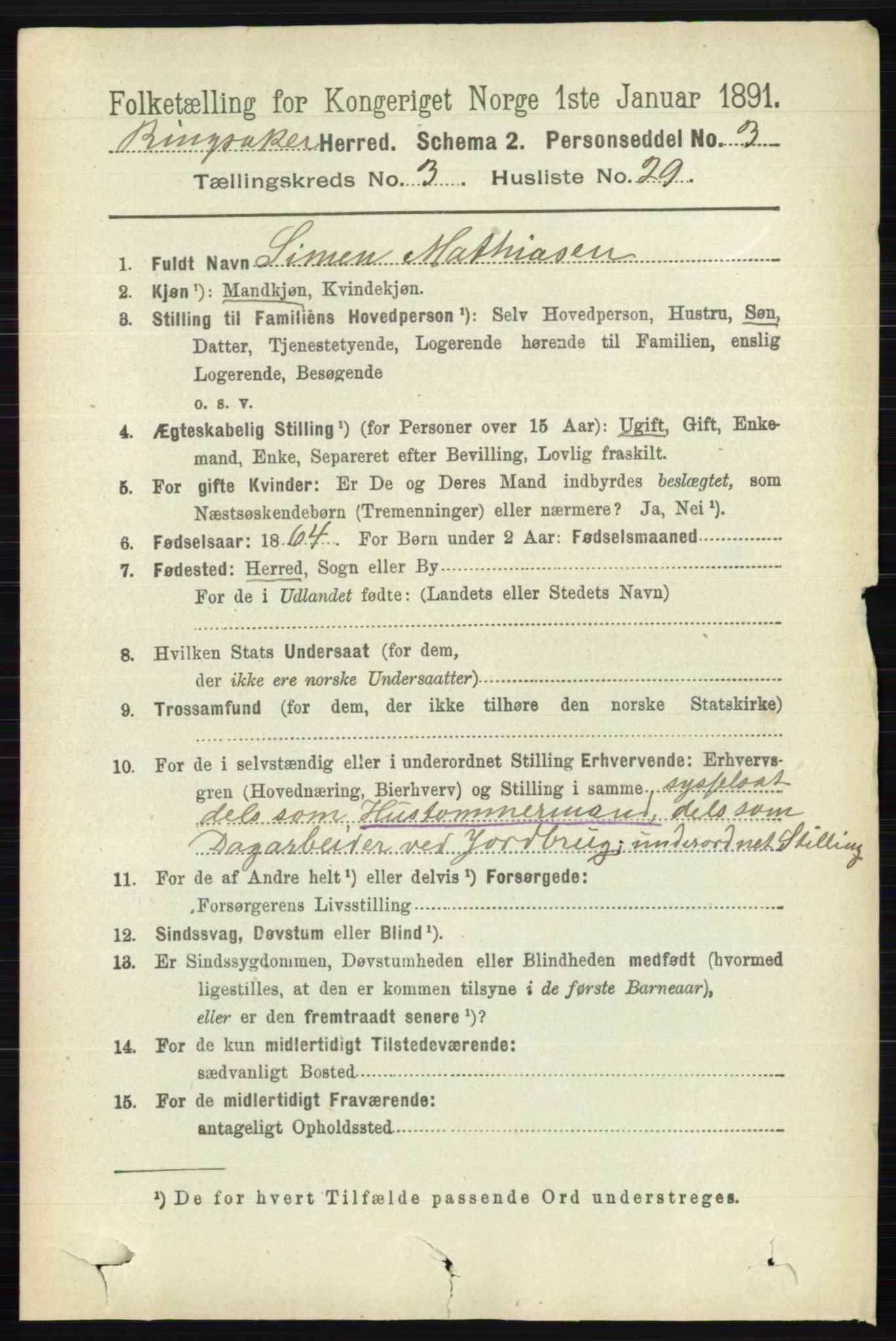 RA, 1891 census for 0412 Ringsaker, 1891, p. 1405