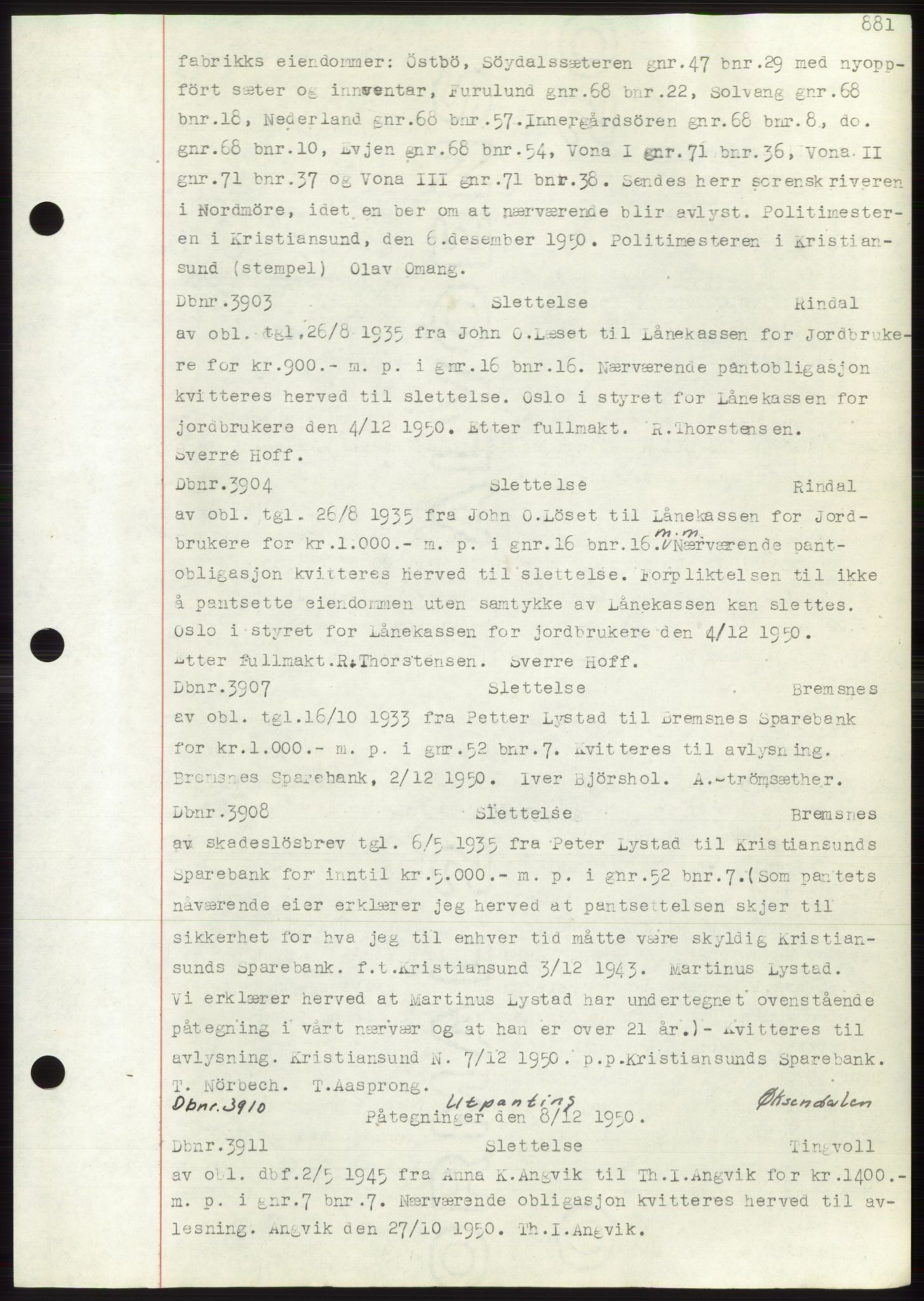 Nordmøre sorenskriveri, AV/SAT-A-4132/1/2/2Ca: Mortgage book no. C82b, 1946-1951, Diary no: : 3903/1950