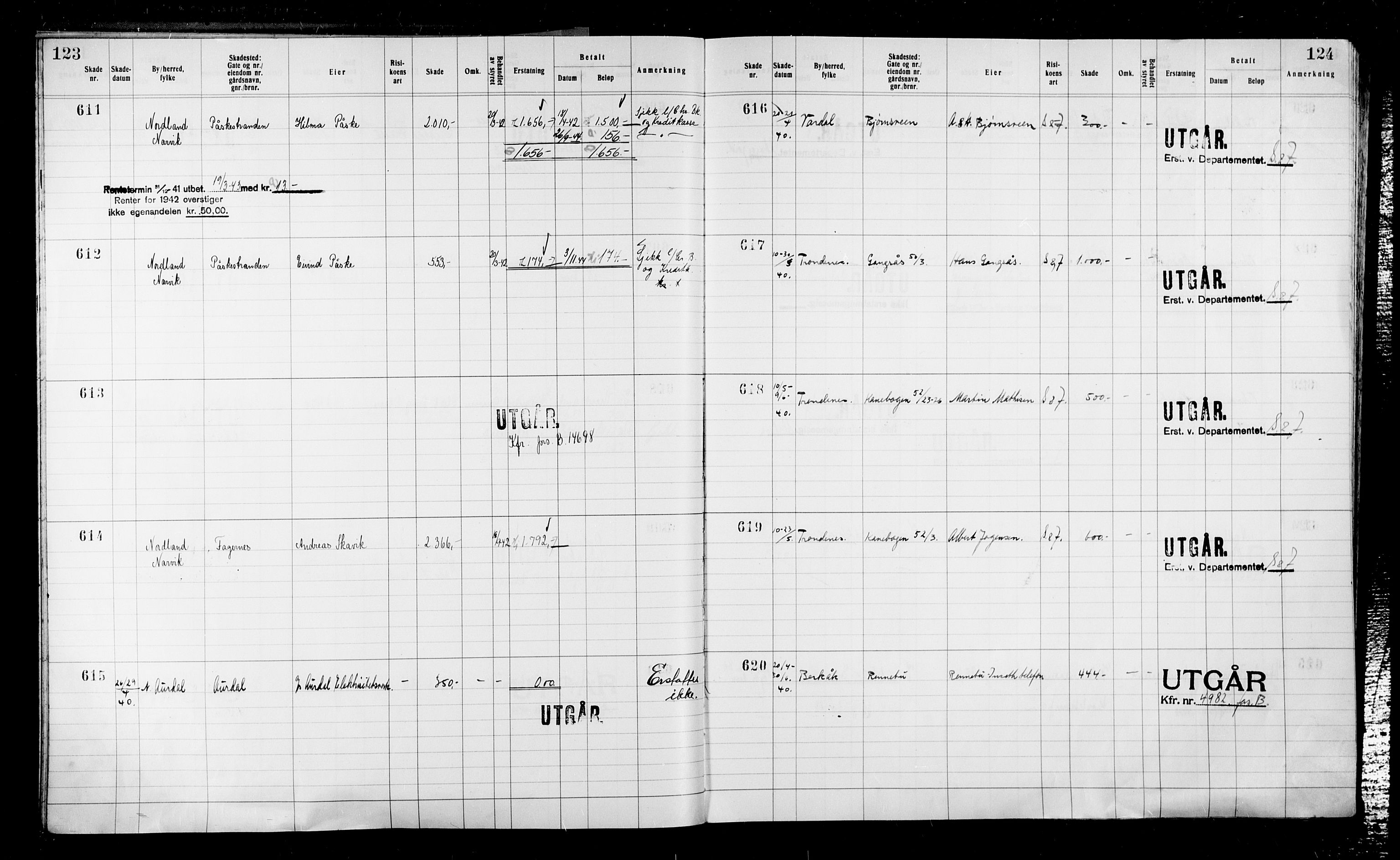 Krigsskadetrygdene for bygninger og løsøre, RA/S-1548/V/L0043: Bygning, ikke trygdet., 1940-1945, p. 123-124