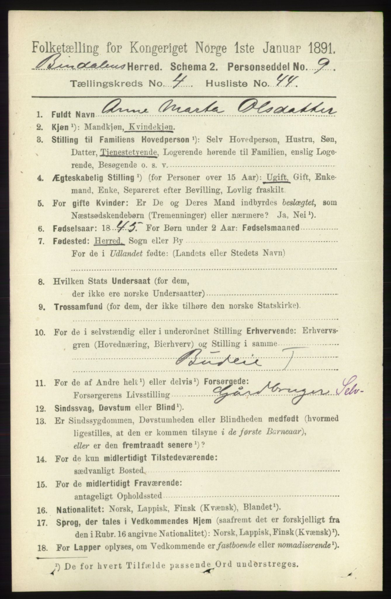 RA, 1891 census for 1811 Bindal, 1891, p. 1291