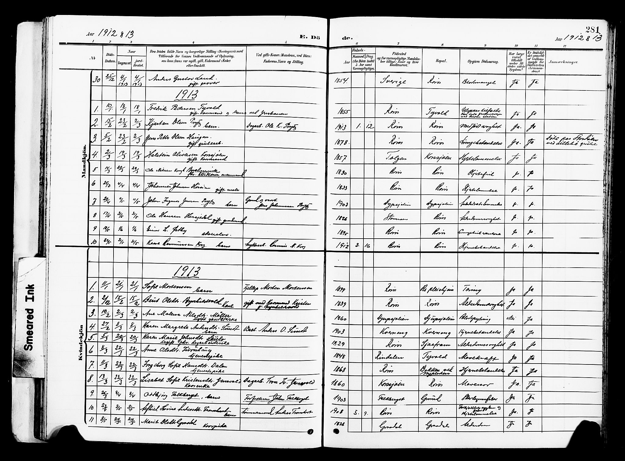 Ministerialprotokoller, klokkerbøker og fødselsregistre - Sør-Trøndelag, SAT/A-1456/681/L0942: Parish register (copy) no. 681C06, 1906-1925, p. 281
