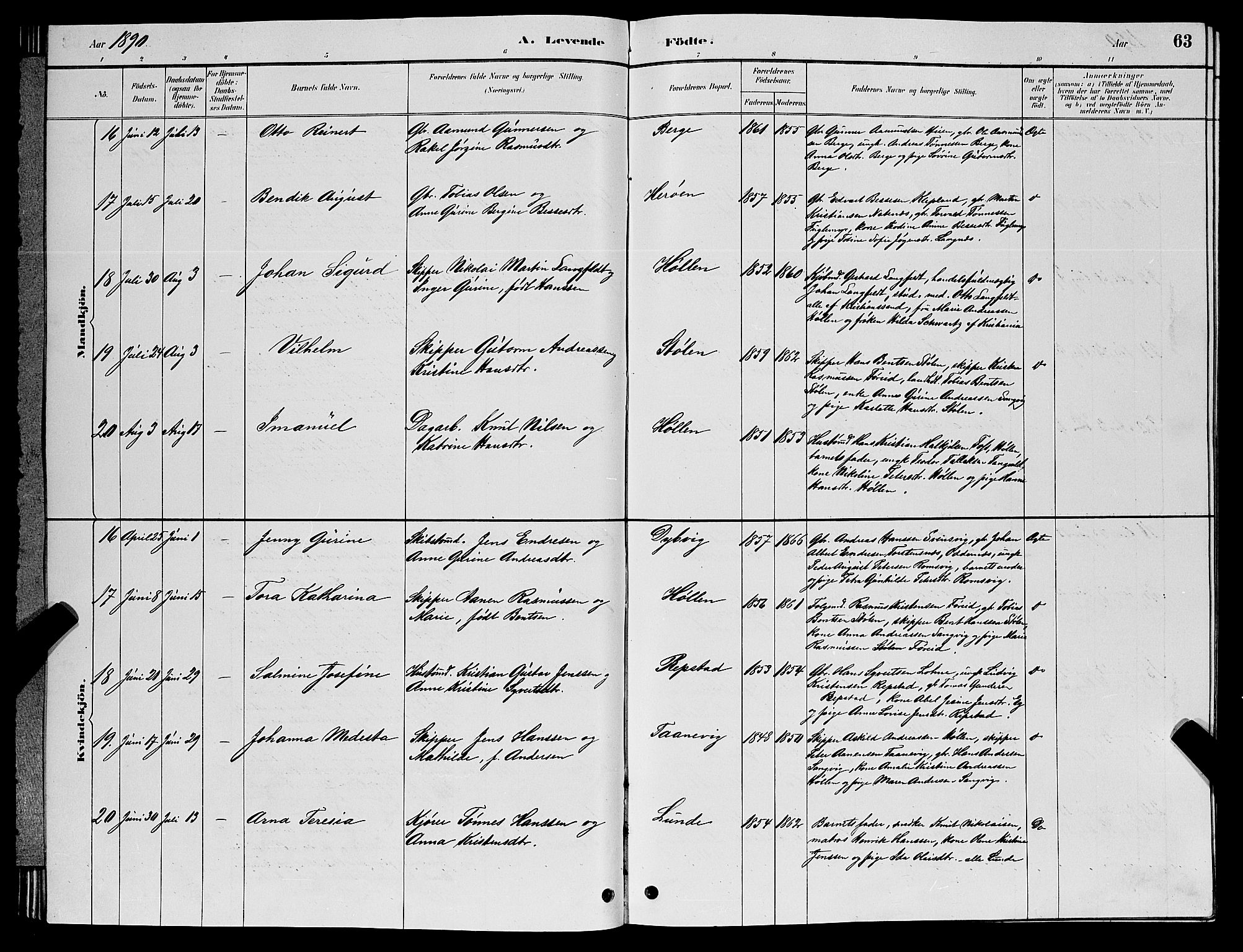 Søgne sokneprestkontor, SAK/1111-0037/F/Fb/Fbb/L0005: Parish register (copy) no. B 5, 1884-1891, p. 63