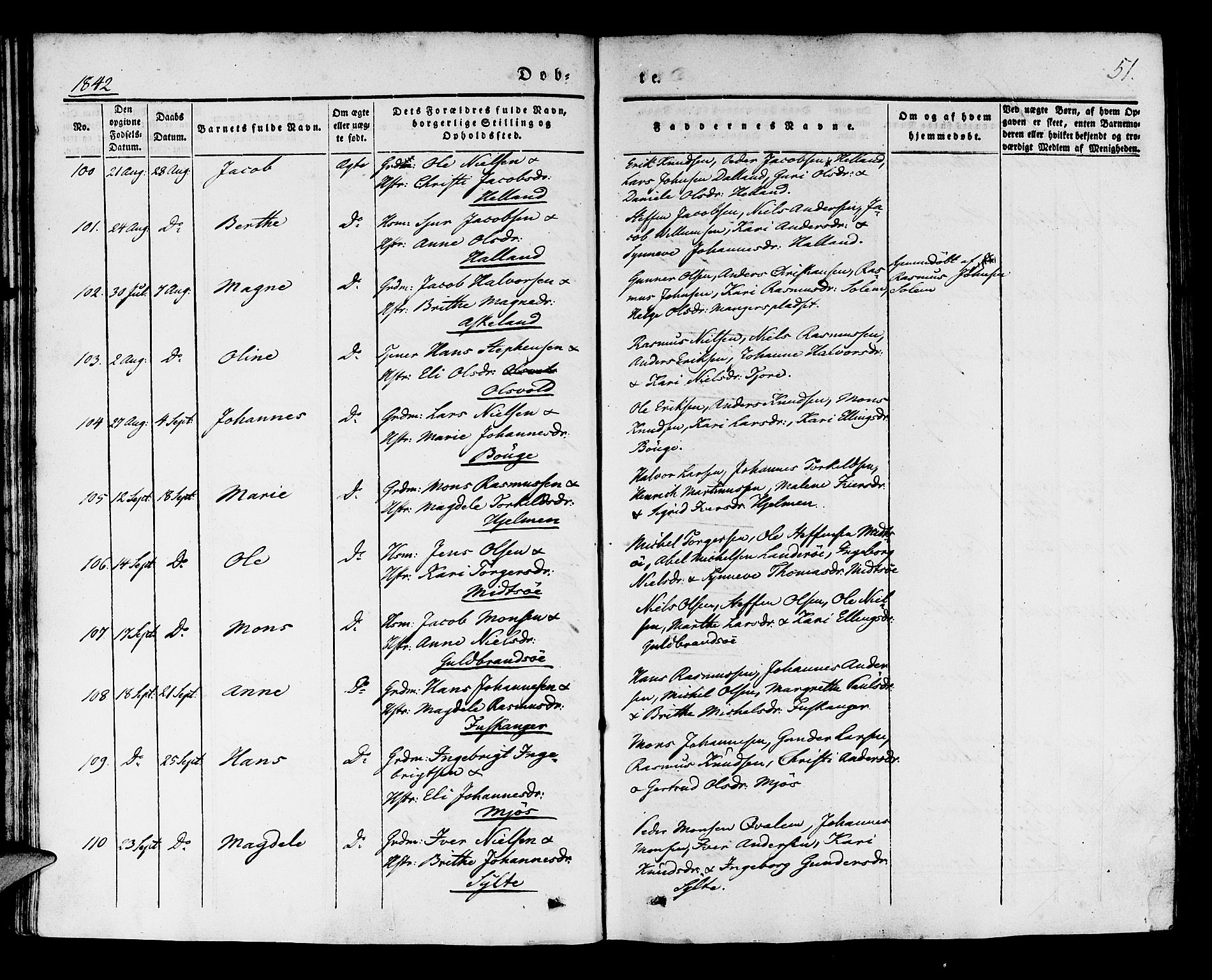 Manger sokneprestembete, AV/SAB-A-76801/H/Haa: Parish register (official) no. A 5, 1839-1848, p. 51