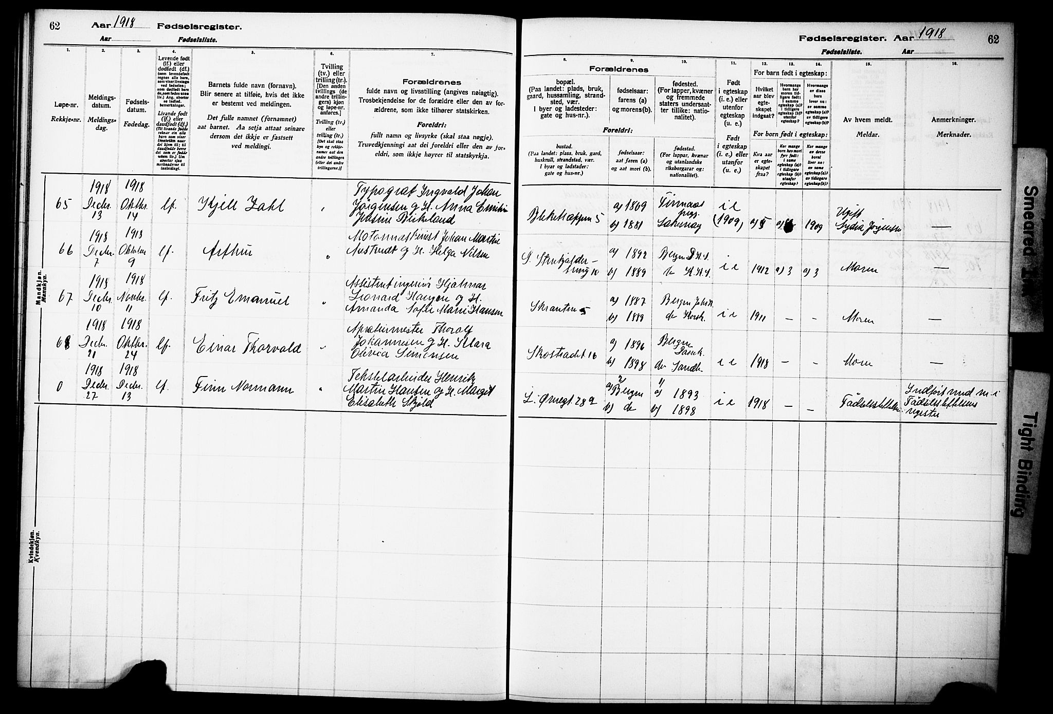 Korskirken sokneprestembete, SAB/A-76101/I/Id/L00A1: Birth register no. A 1, 1916-1929, p. 62