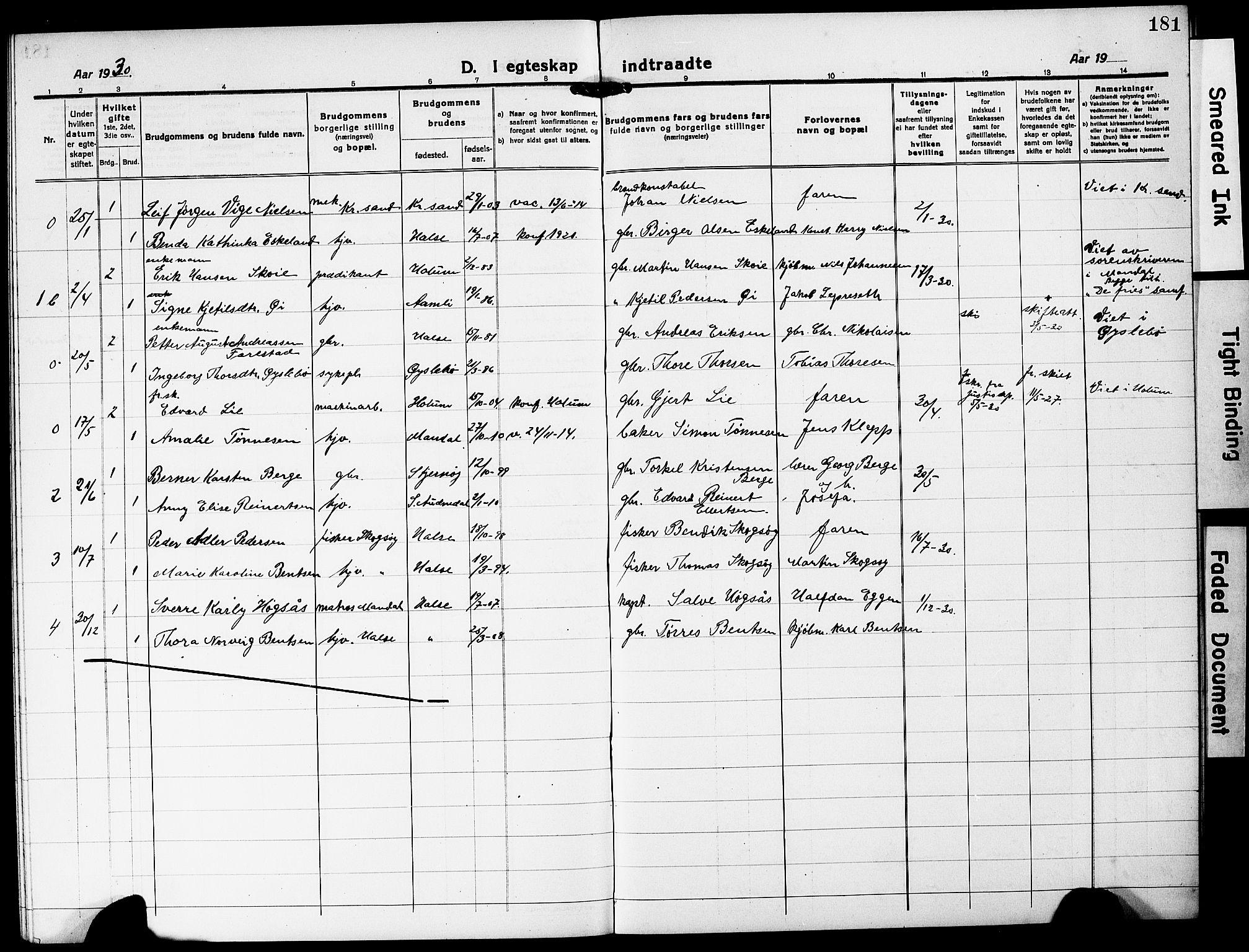 Mandal sokneprestkontor, SAK/1111-0030/F/Fb/Fba/L0013: Parish register (copy) no. B 7, 1918-1931, p. 181