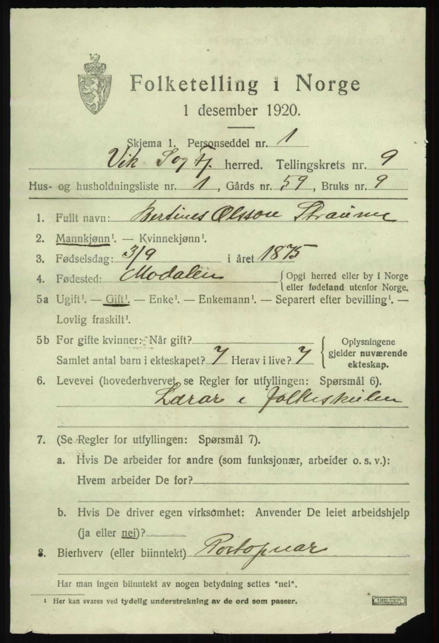 SAB, 1920 census for Vik, 1920, p. 5517