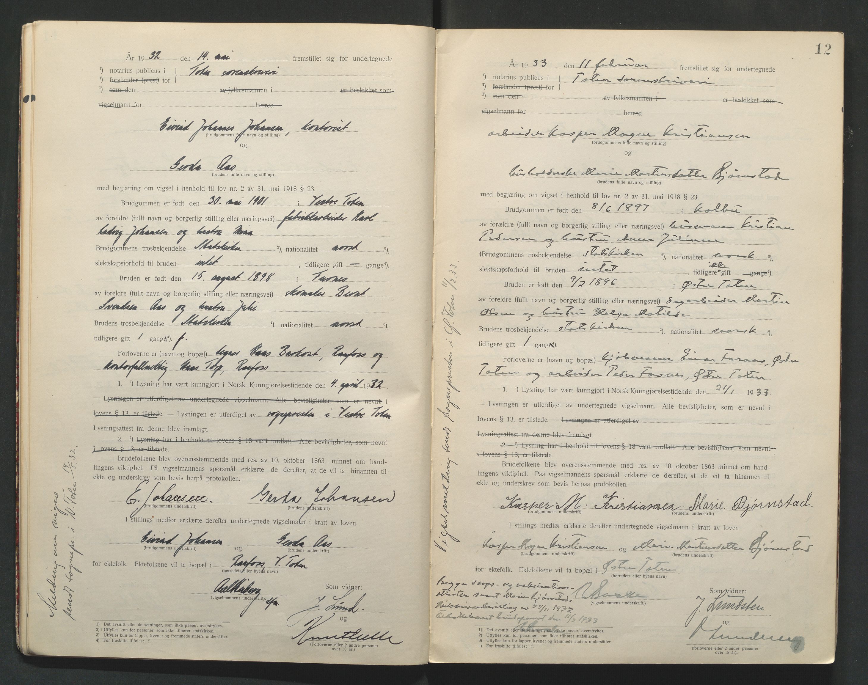 Toten tingrett, AV/SAH-TING-006/L/Lc/L0001: Vigselbok, 1920-1942, p. 12
