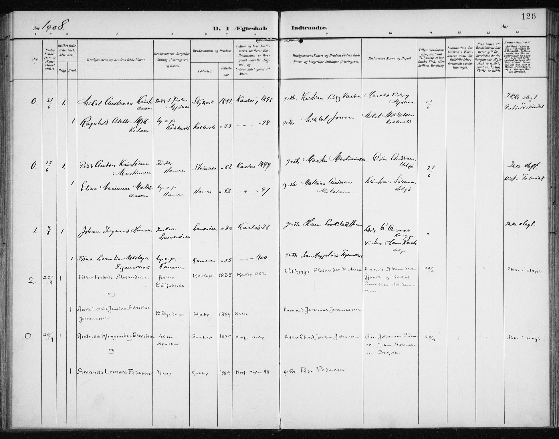 Karlsøy sokneprestembete, SATØ/S-1299/H/Ha/Haa/L0013kirke: Parish register (official) no. 13, 1902-1916, p. 126