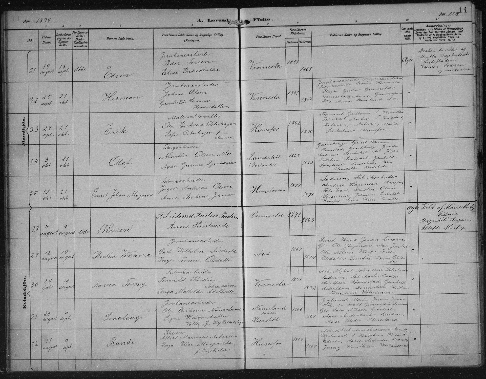 Vennesla sokneprestkontor, AV/SAK-1111-0045/Fb/Fbb/L0004: Parish register (copy) no. B 4, 1893-1902, p. 14