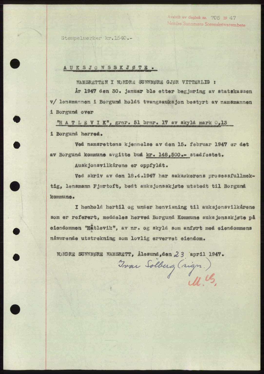 Nordre Sunnmøre sorenskriveri, AV/SAT-A-0006/1/2/2C/2Ca: Mortgage book no. A24, 1947-1947, Diary no: : 705/1947