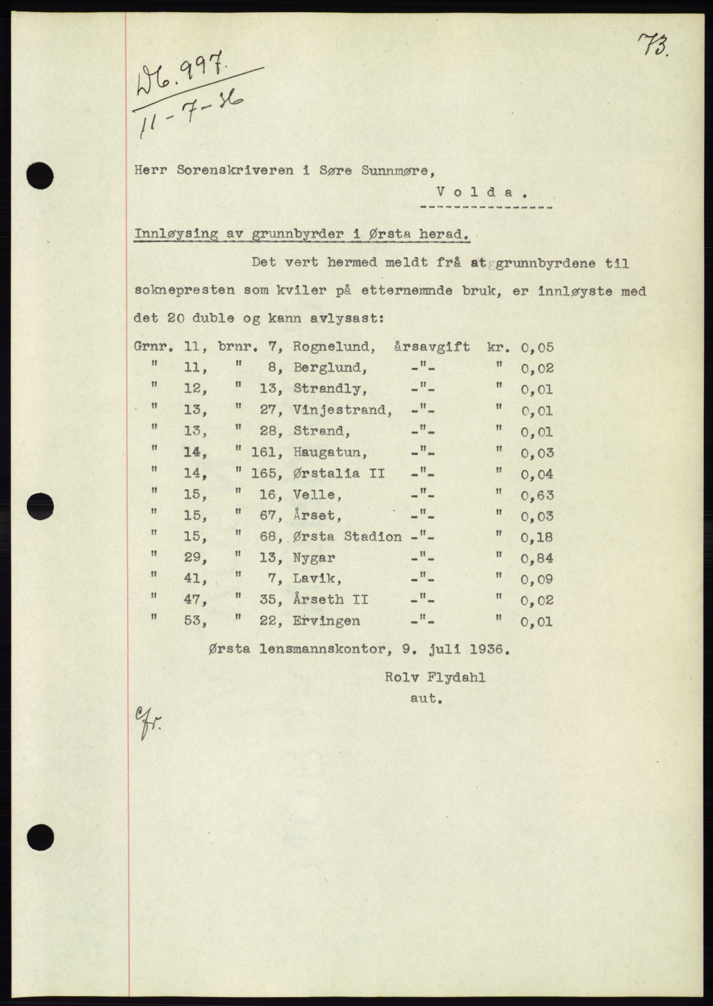 Søre Sunnmøre sorenskriveri, AV/SAT-A-4122/1/2/2C/L0061: Mortgage book no. 55, 1936-1936, Diary no: : 997/1936