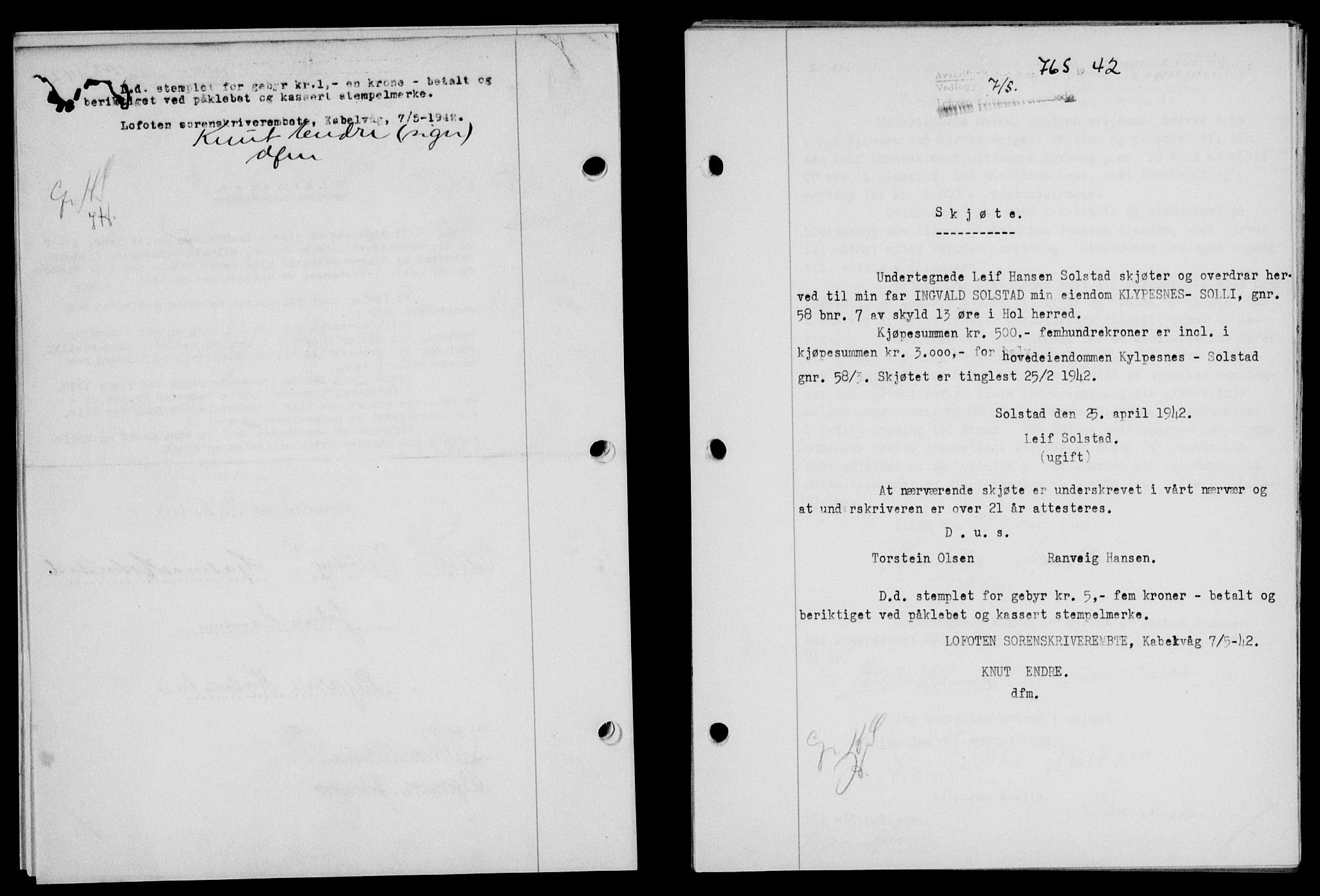 Lofoten sorenskriveri, SAT/A-0017/1/2/2C/L0009a: Mortgage book no. 9a, 1941-1942, Diary no: : 765/1942
