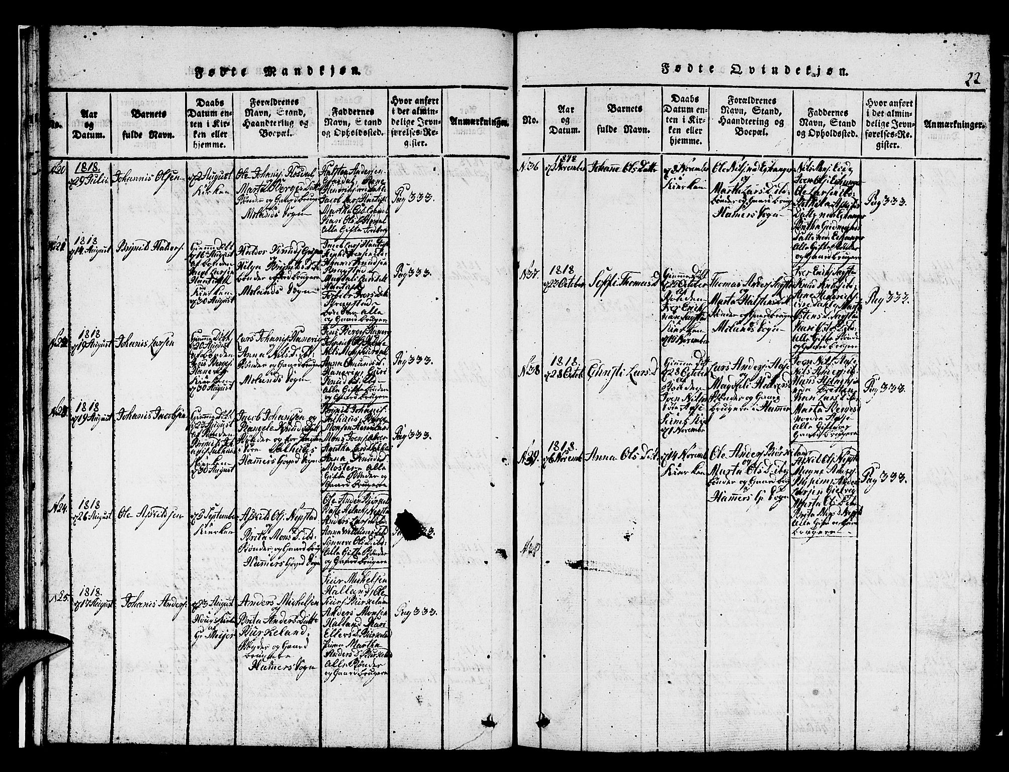 Hamre sokneprestembete, AV/SAB-A-75501/H/Ha/Hab: Parish register (copy) no. A 1, 1816-1826, p. 22