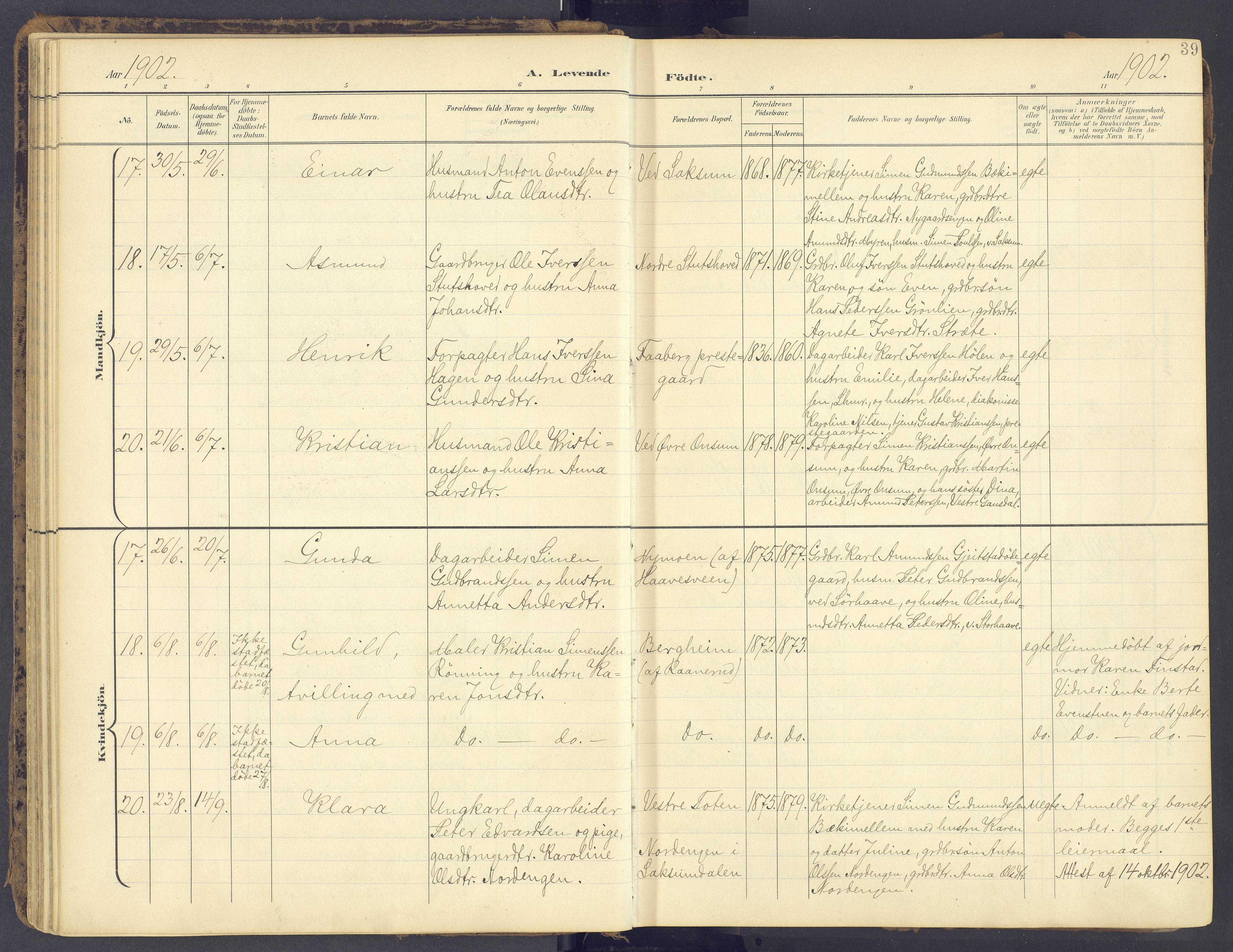 Fåberg prestekontor, AV/SAH-PREST-086/H/Ha/Haa/L0012: Parish register (official) no. 12, 1899-1915, p. 39