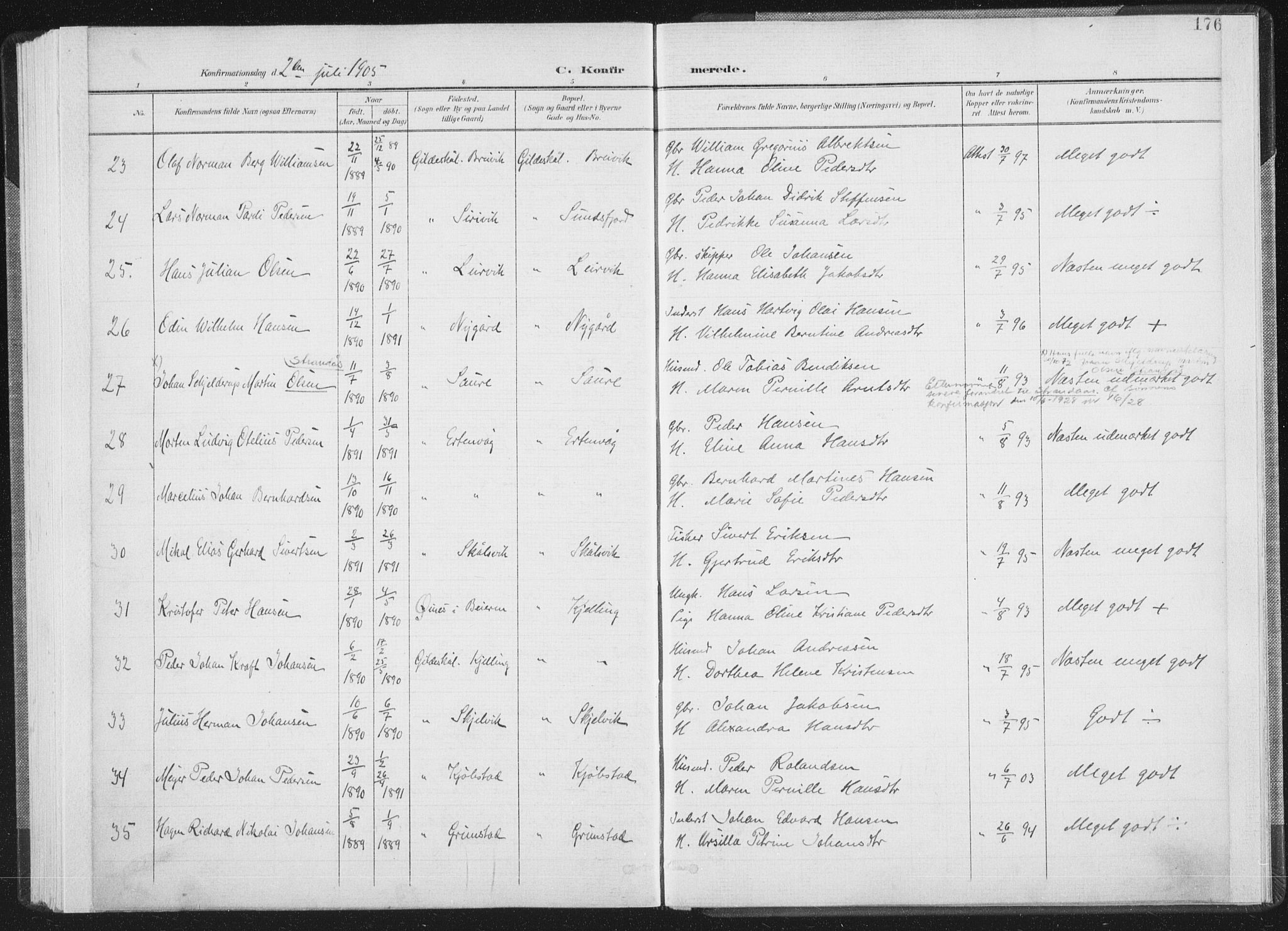 Ministerialprotokoller, klokkerbøker og fødselsregistre - Nordland, AV/SAT-A-1459/805/L0102: Parish register (official) no. 805A08I, 1900-1909, p. 176