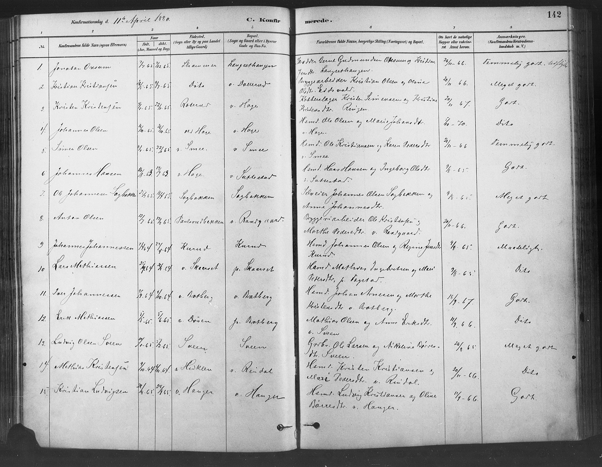 Fåberg prestekontor, SAH/PREST-086/H/Ha/Haa/L0009: Parish register (official) no. 9, 1879-1898, p. 142