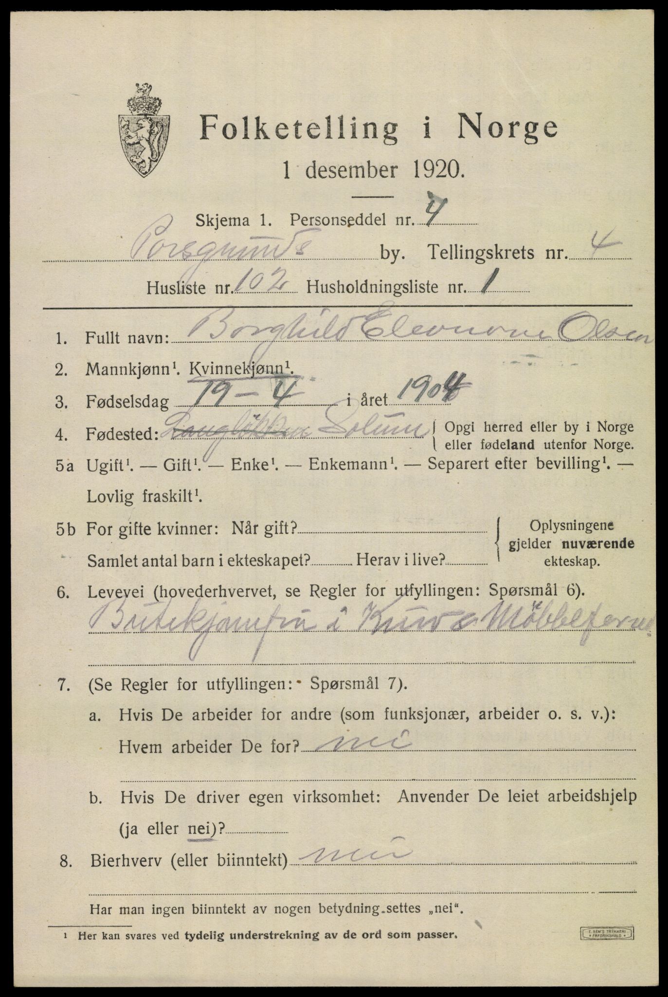 SAKO, 1920 census for Porsgrunn, 1920, p. 19883