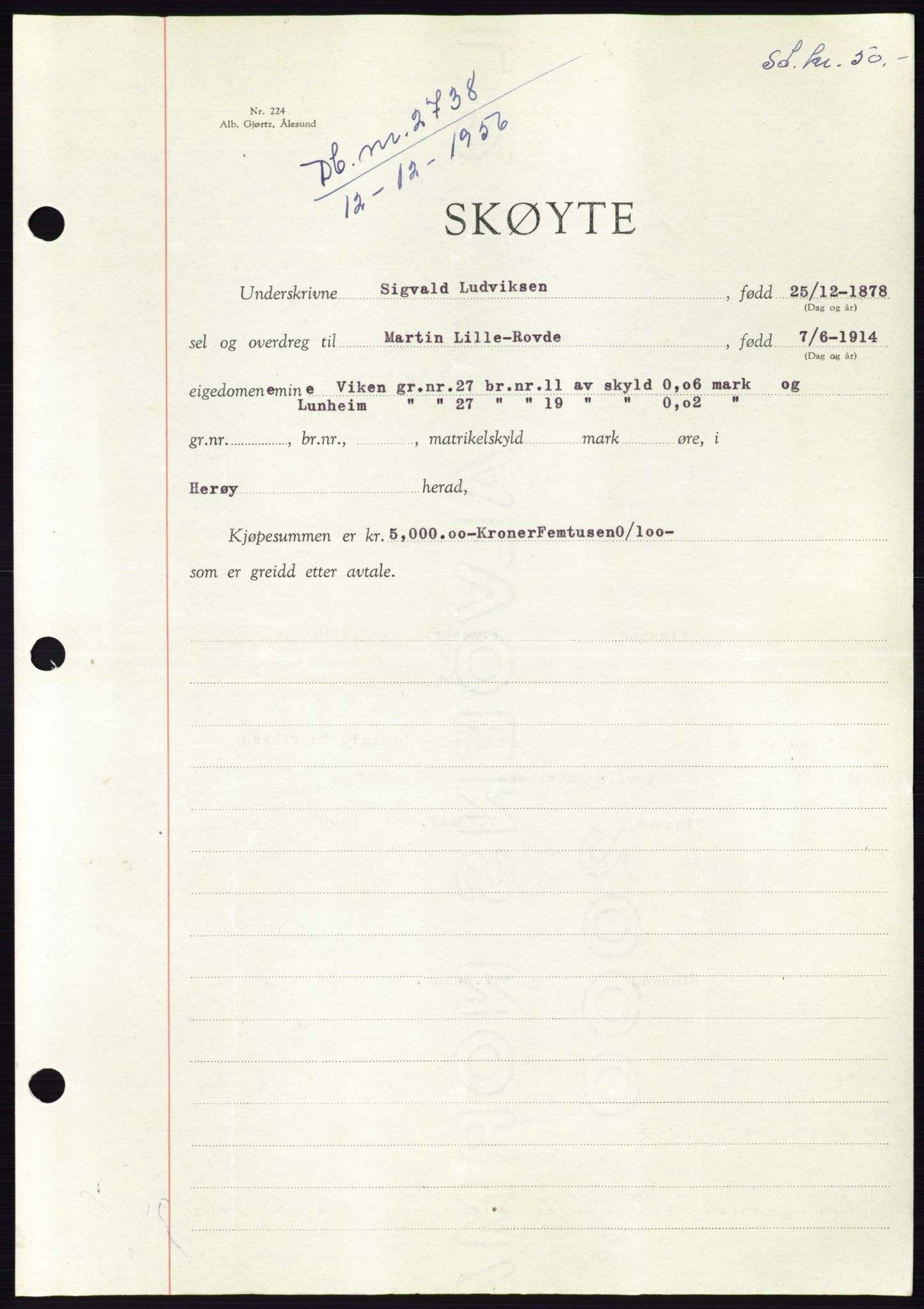Søre Sunnmøre sorenskriveri, AV/SAT-A-4122/1/2/2C/L0105: Mortgage book no. 31A, 1956-1957, Diary no: : 2738/1956