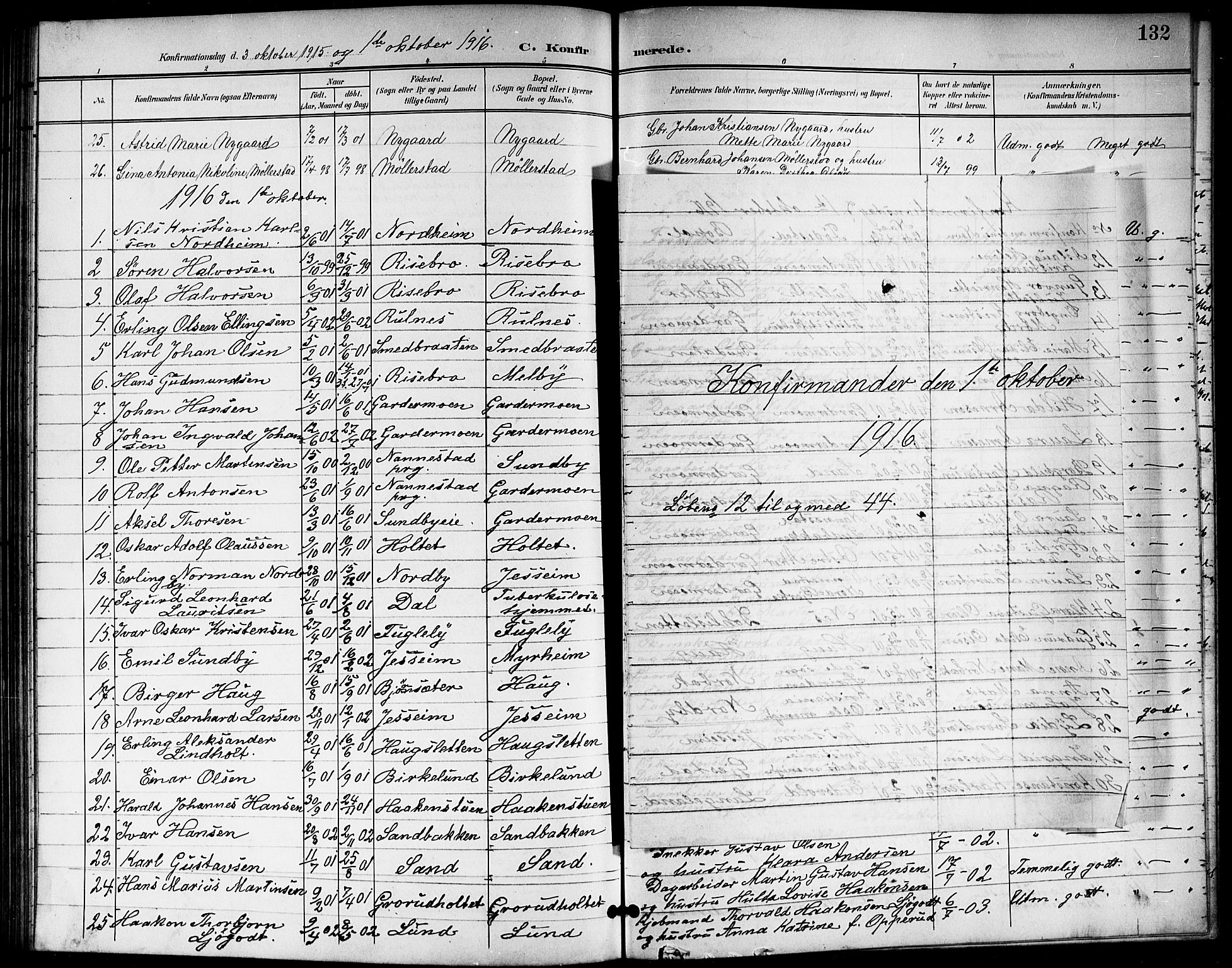 Ullensaker prestekontor Kirkebøker, AV/SAO-A-10236a/G/Gb/L0001: Parish register (copy) no. II 1, 1901-1917, p. 132