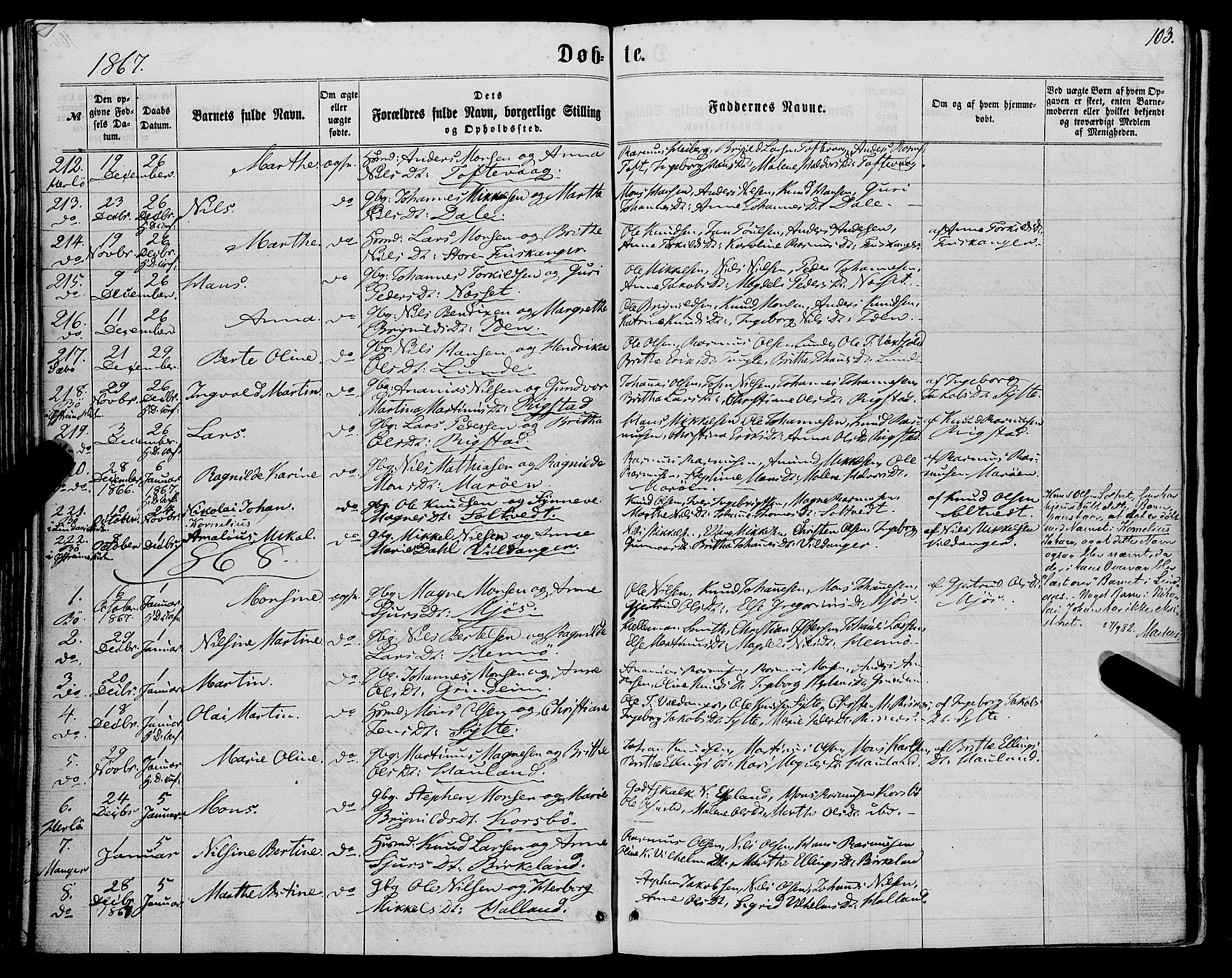 Manger sokneprestembete, AV/SAB-A-76801/H/Haa: Parish register (official) no. A 7, 1860-1870, p. 103