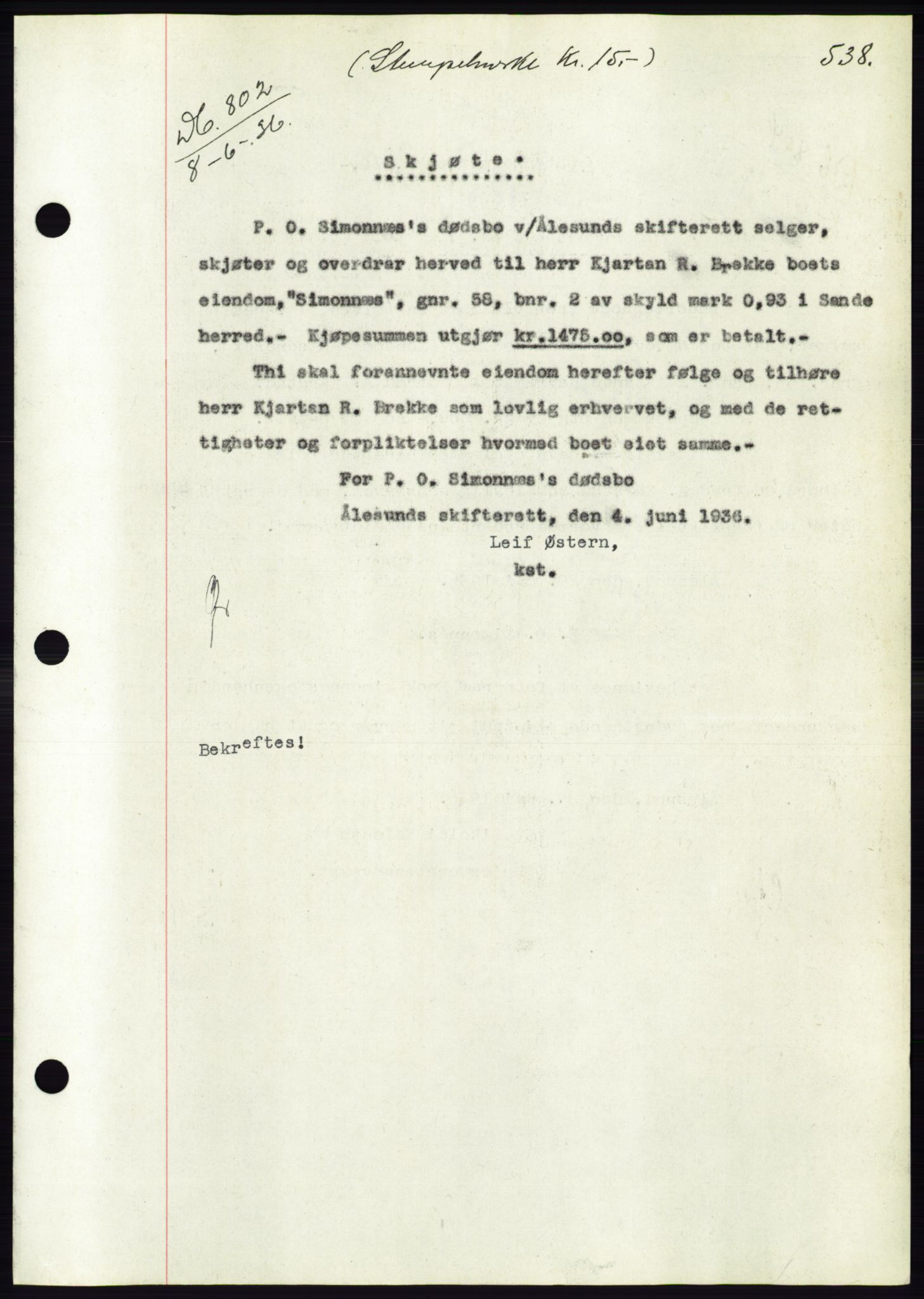 Søre Sunnmøre sorenskriveri, AV/SAT-A-4122/1/2/2C/L0060: Mortgage book no. 54, 1935-1936, Deed date: 08.06.1936