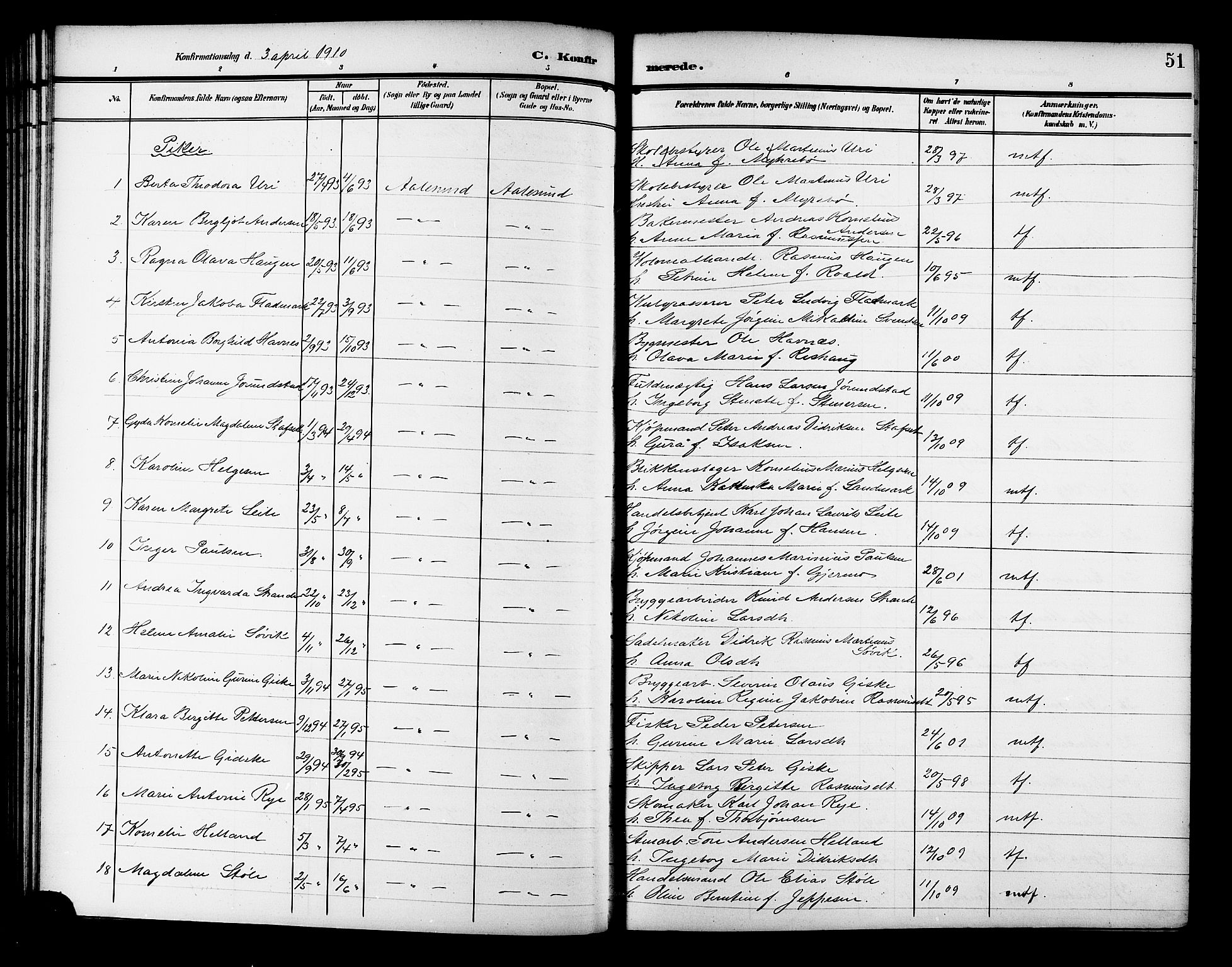 Ministerialprotokoller, klokkerbøker og fødselsregistre - Møre og Romsdal, AV/SAT-A-1454/529/L0470: Parish register (copy) no. 529C07, 1907-1917, p. 51