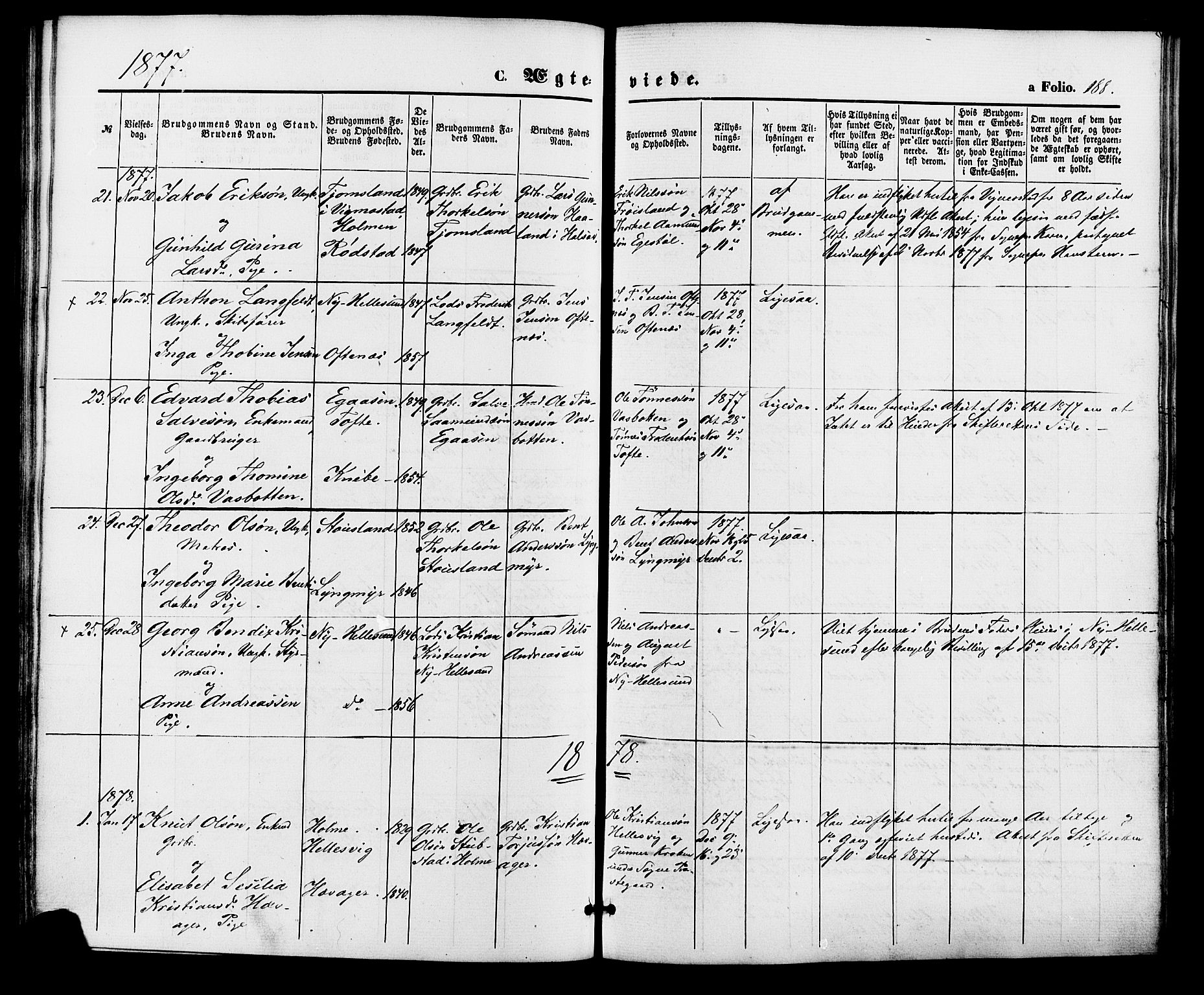 Søgne sokneprestkontor, SAK/1111-0037/F/Fa/Fab/L0011: Parish register (official) no. A 11, 1869-1879, p. 188