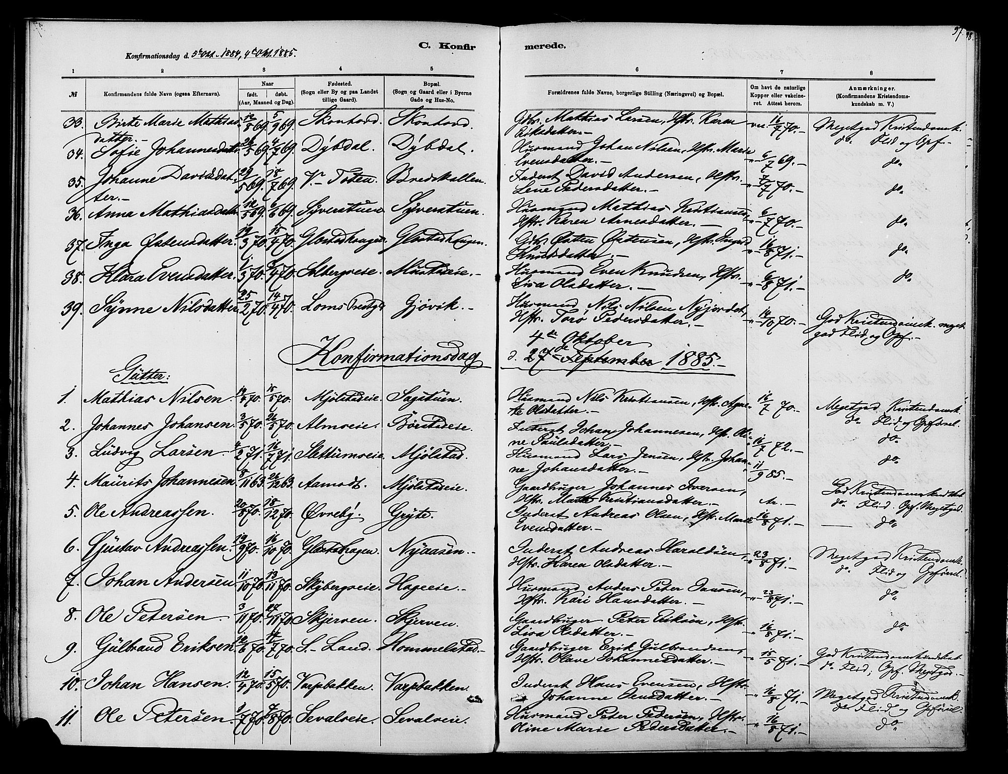 Vardal prestekontor, SAH/PREST-100/H/Ha/Haa/L0010: Parish register (official) no. 10, 1878-1893, p. 97