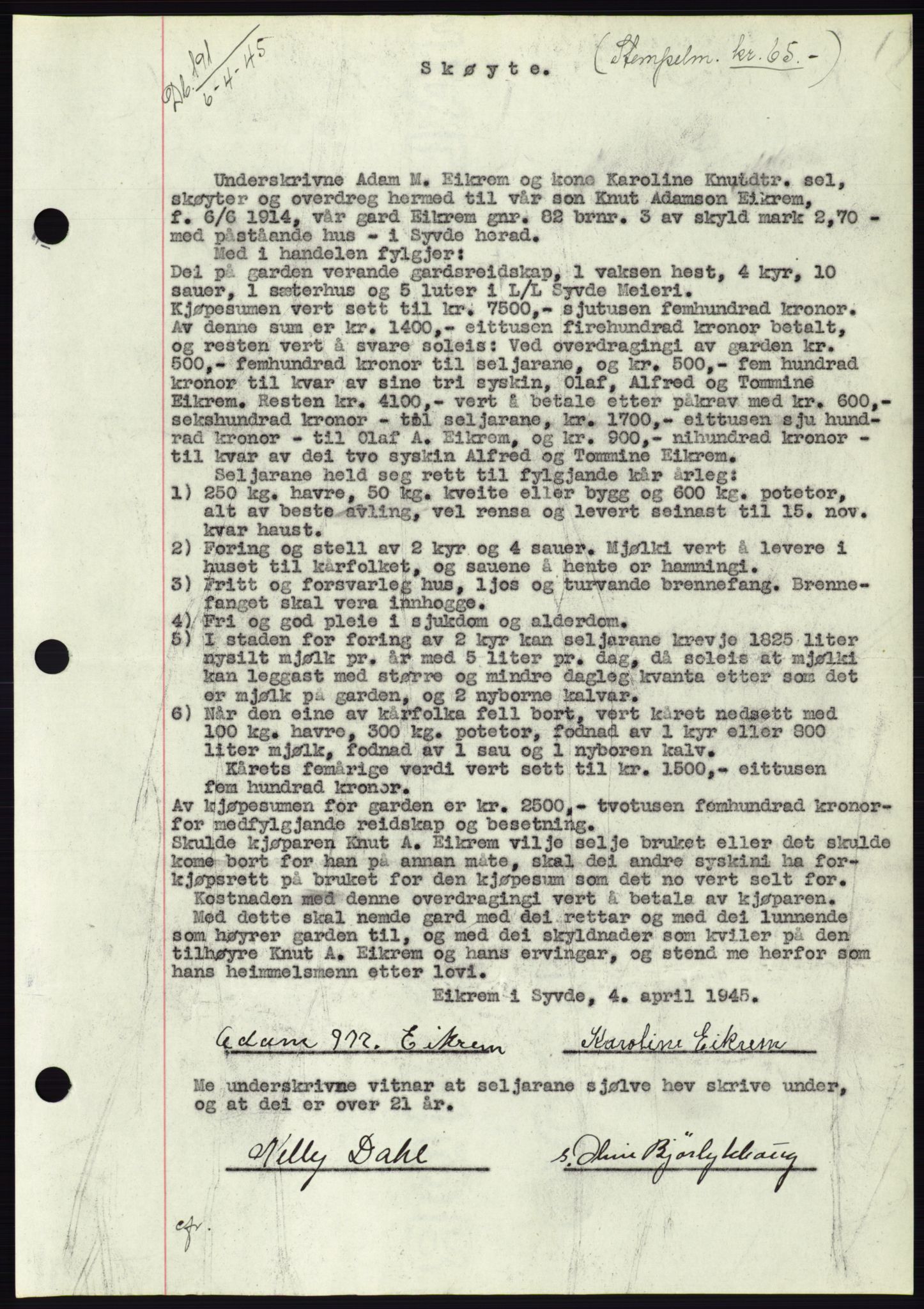 Søre Sunnmøre sorenskriveri, AV/SAT-A-4122/1/2/2C/L0077: Mortgage book no. 3A, 1945-1946, Diary no: : 191/1945