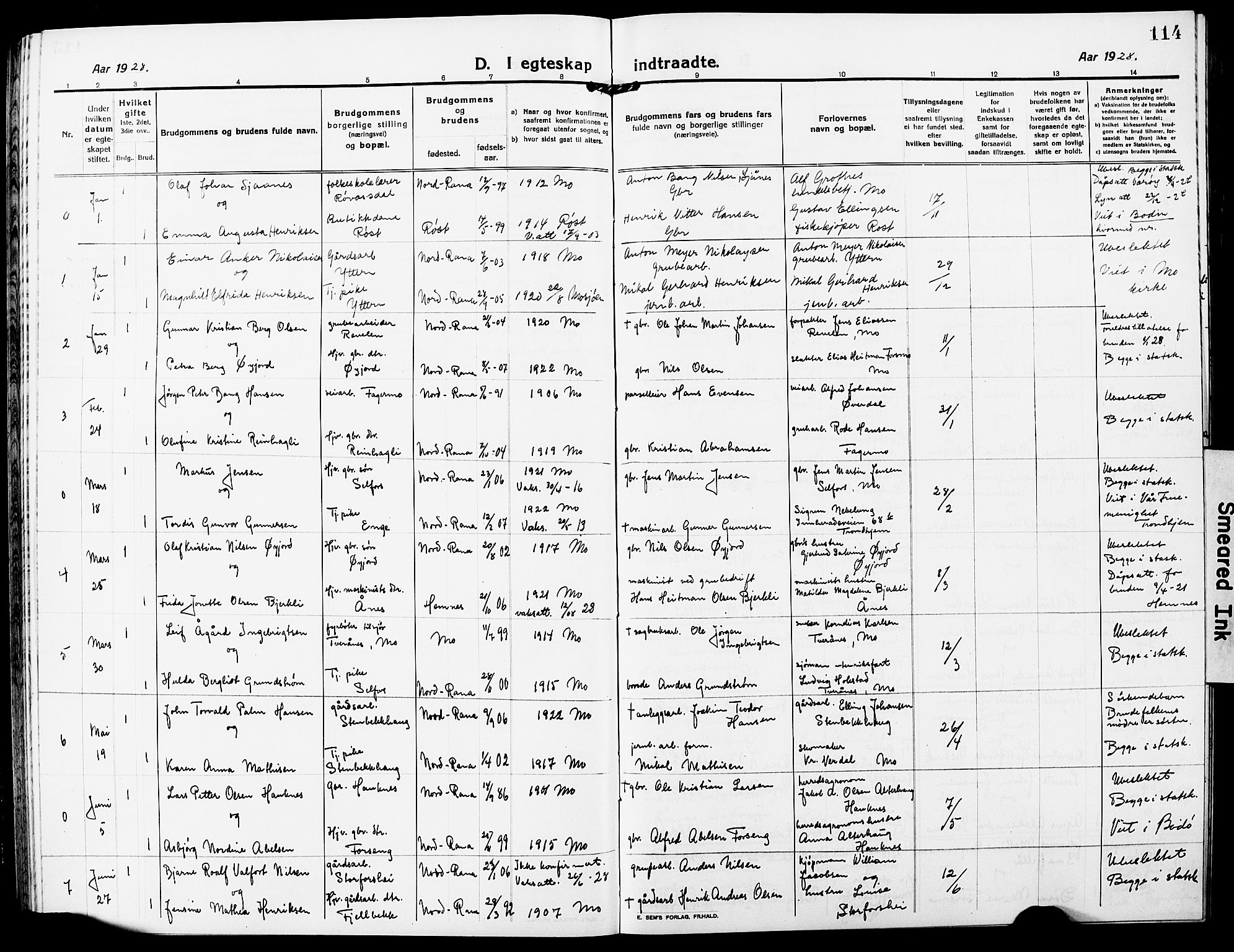 Ministerialprotokoller, klokkerbøker og fødselsregistre - Nordland, AV/SAT-A-1459/827/L0424: Parish register (copy) no. 827C13, 1921-1930, p. 114