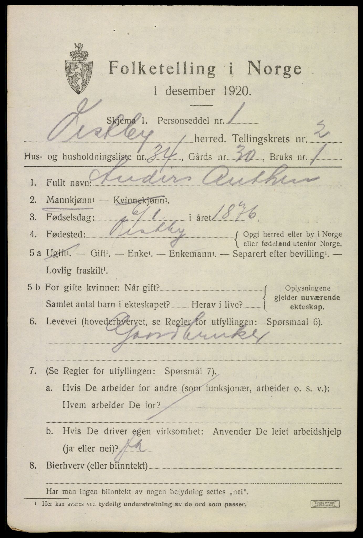 SAO, 1920 census for Vestby, 1920, p. 3925