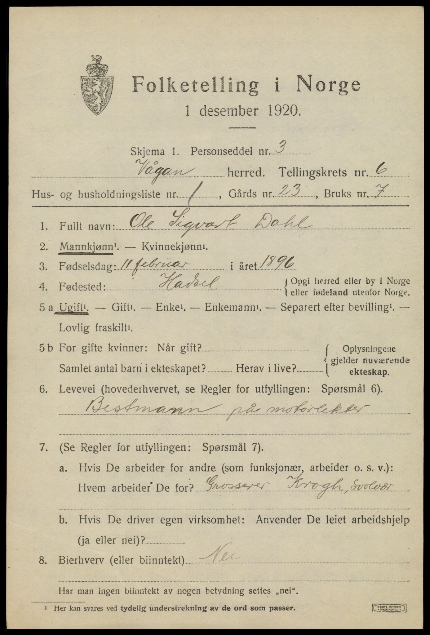 SAT, 1920 census for Vågan, 1920, p. 6145