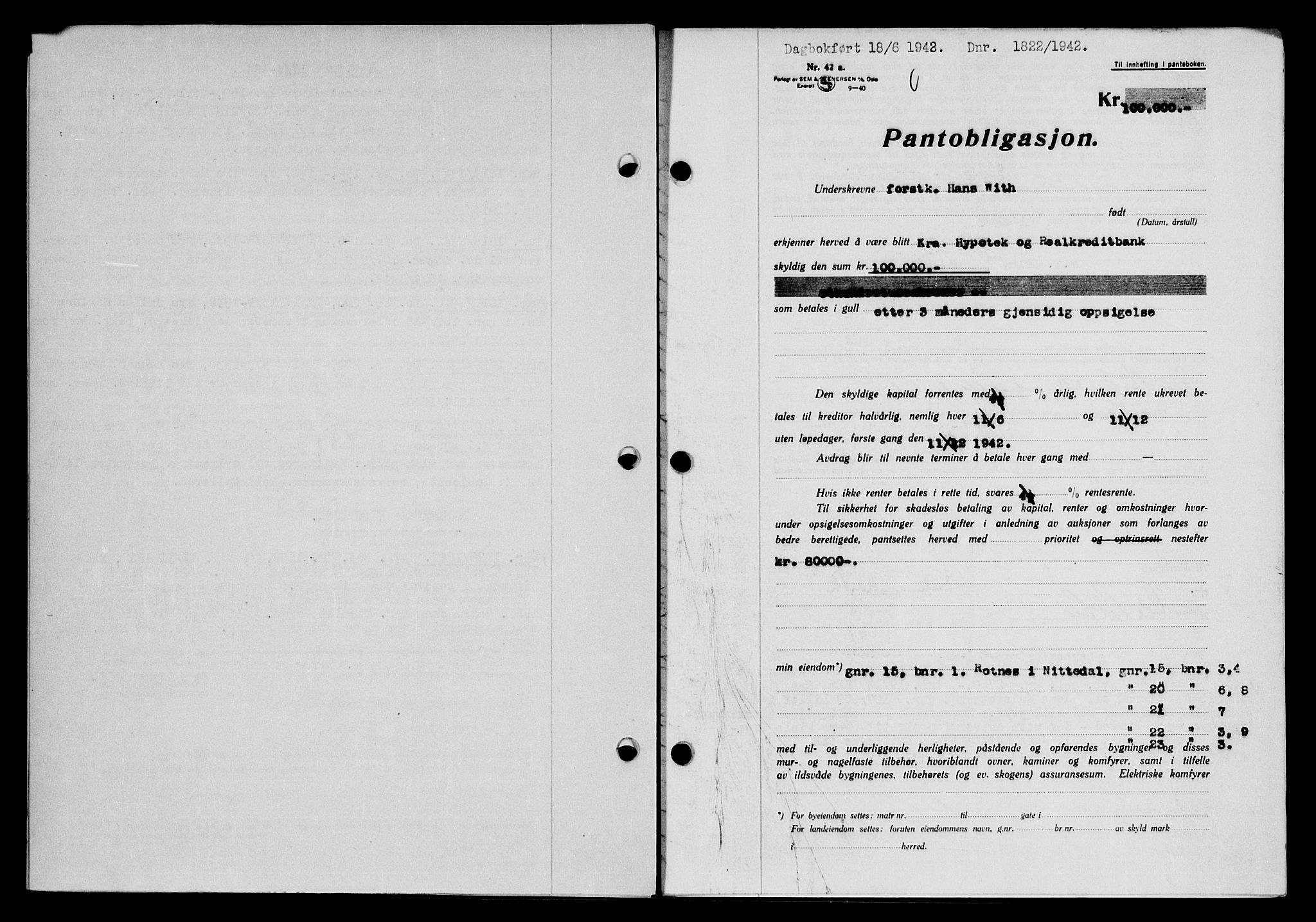 Nedre Romerike sorenskriveri, AV/SAO-A-10469/G/Gb/Gbc/L0008: Mortgage book no. B8, 1942-1942, Diary no: : 1822/1942