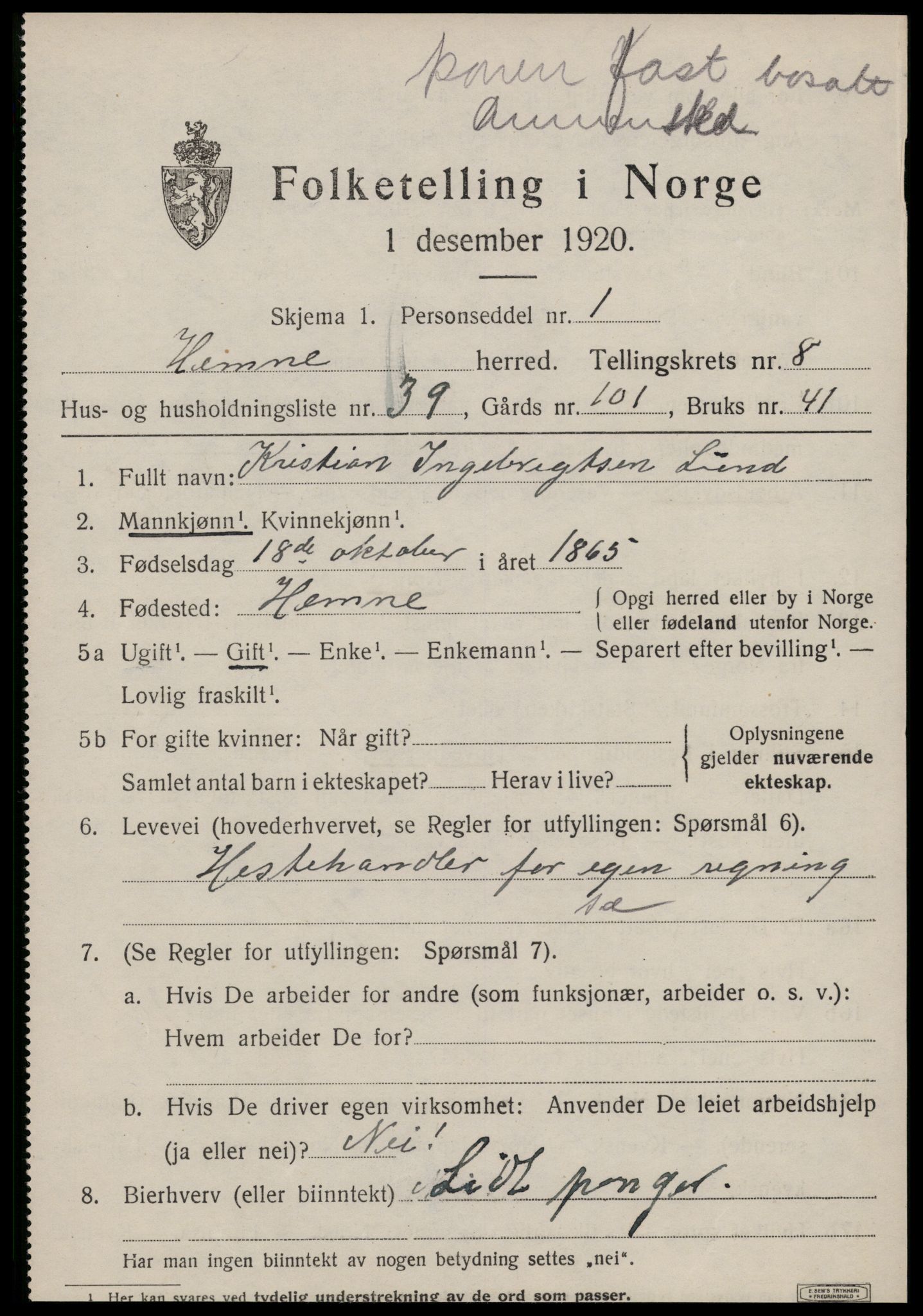 SAT, 1920 census for Hemne, 1920, p. 5198