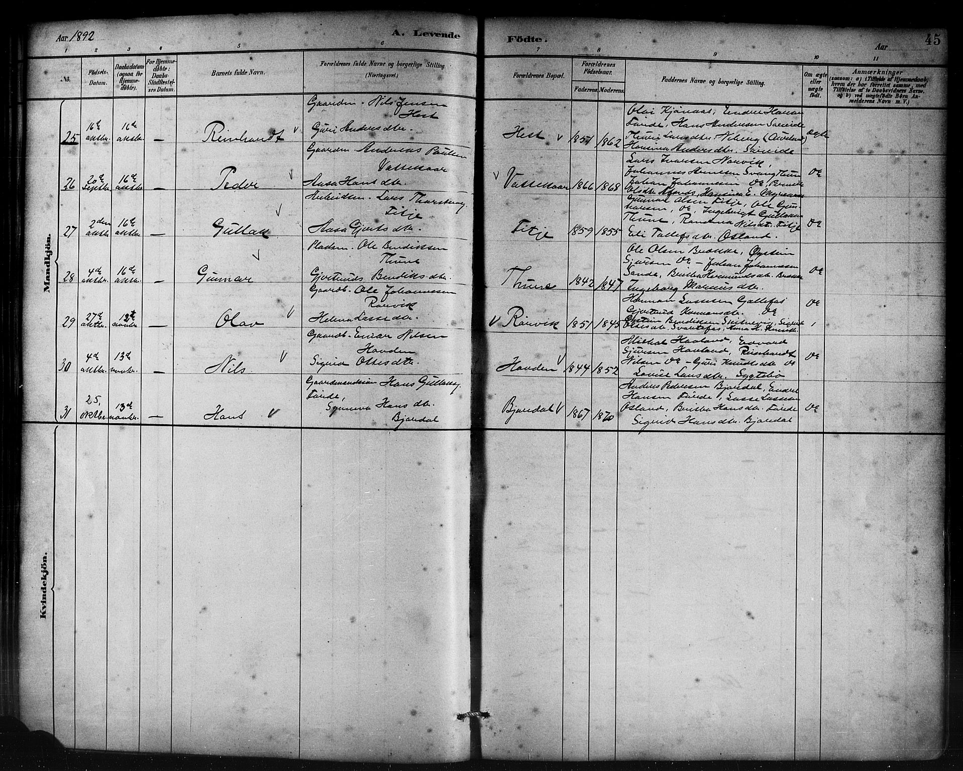 Lavik sokneprestembete, AV/SAB-A-80901: Parish register (copy) no. B 3, 1882-1913, p. 45