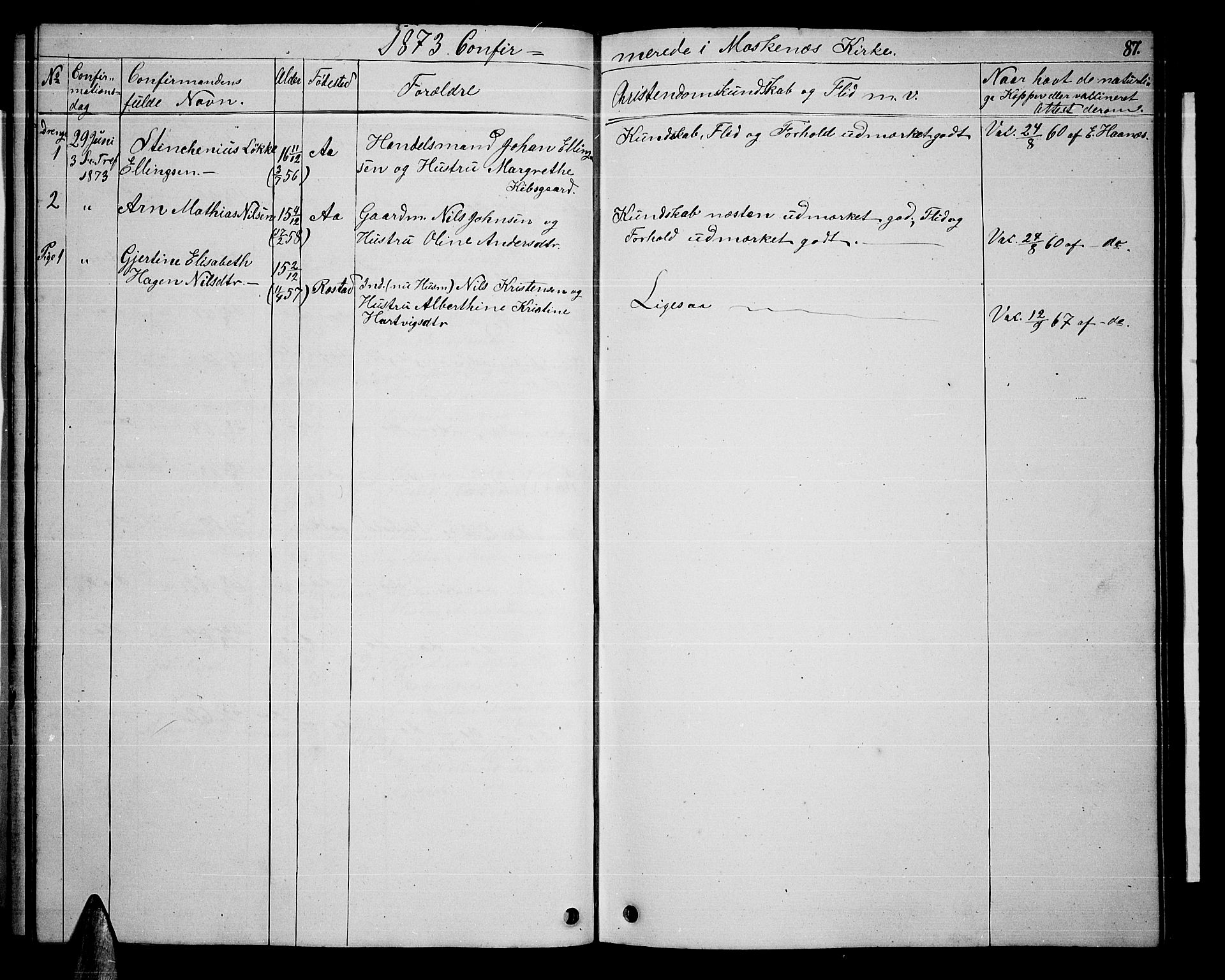 Ministerialprotokoller, klokkerbøker og fødselsregistre - Nordland, AV/SAT-A-1459/886/L1224: Parish register (copy) no. 886C01, 1843-1873, p. 87