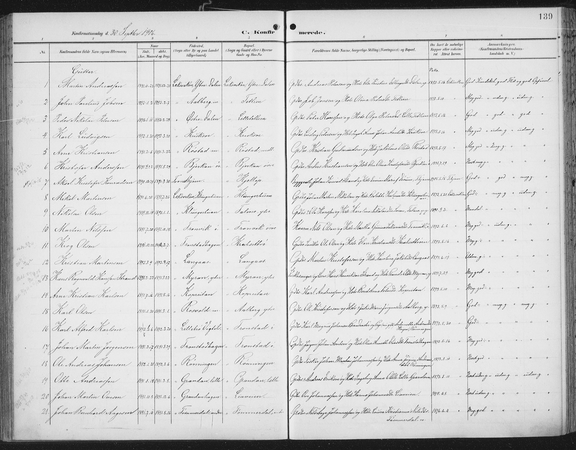 Ministerialprotokoller, klokkerbøker og fødselsregistre - Nord-Trøndelag, AV/SAT-A-1458/701/L0011: Parish register (official) no. 701A11, 1899-1915, p. 139