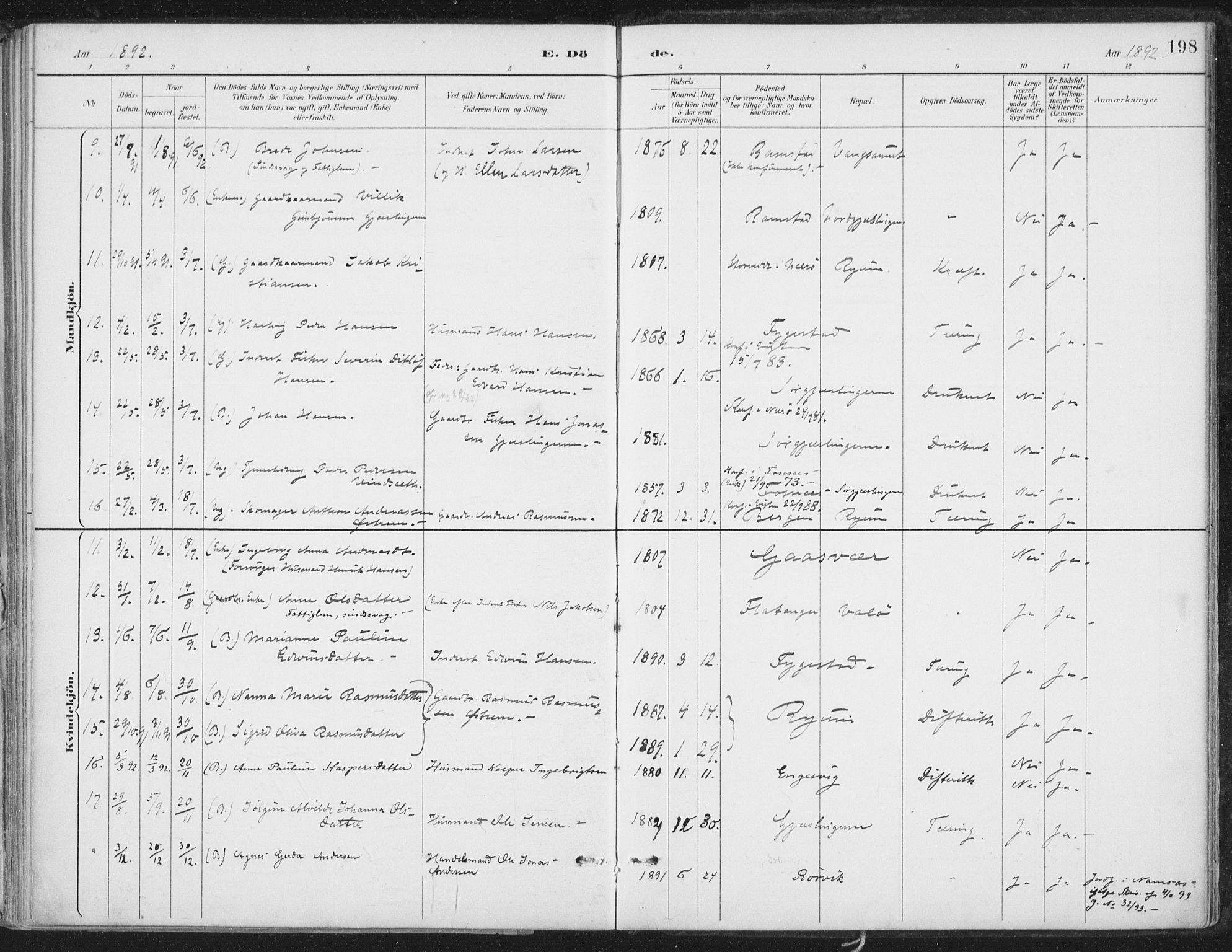Ministerialprotokoller, klokkerbøker og fødselsregistre - Nord-Trøndelag, SAT/A-1458/786/L0687: Parish register (official) no. 786A03, 1888-1898, p. 198