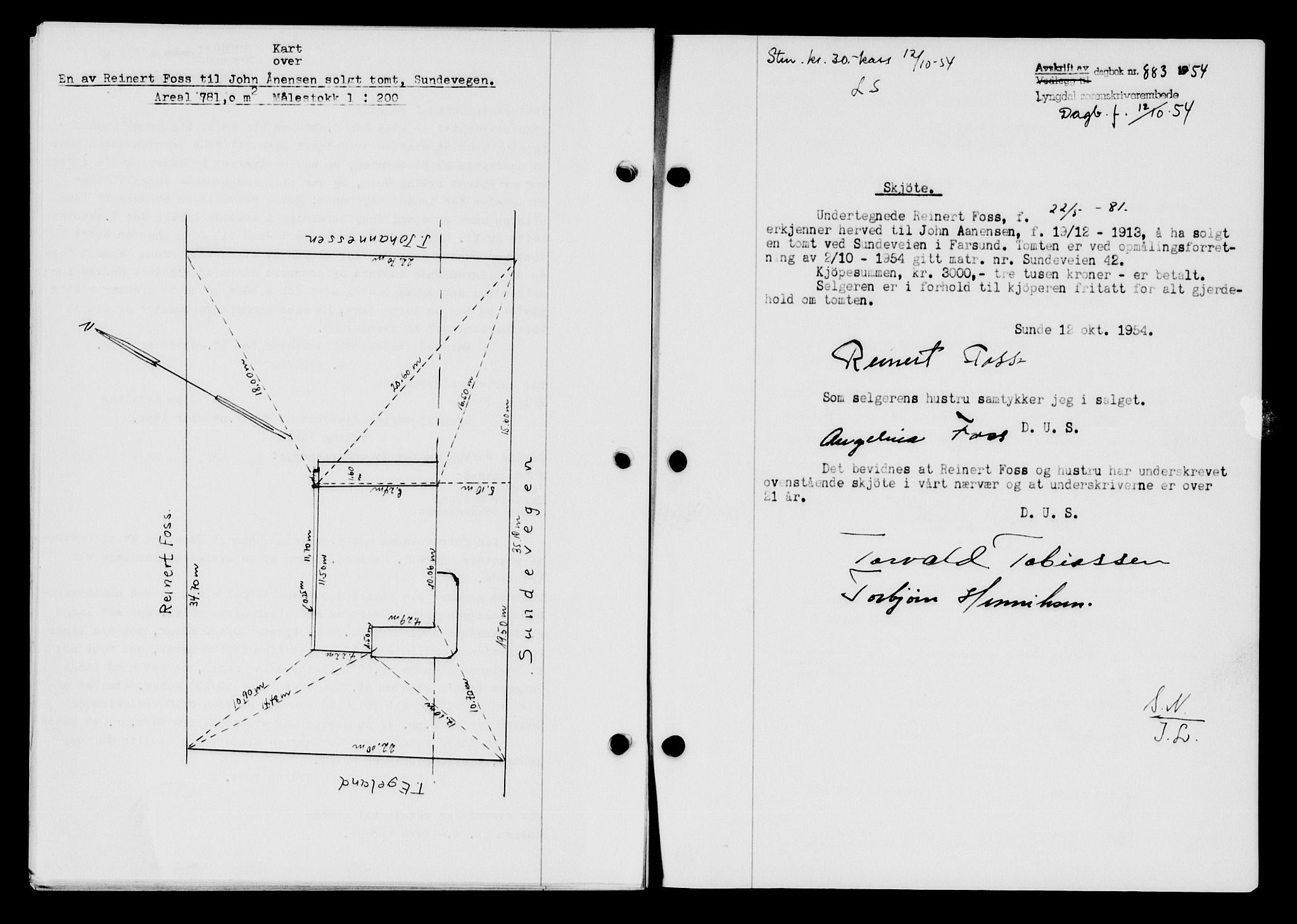 Lyngdal sorenskriveri, AV/SAK-1221-0004/G/Gb/L0670: Mortgage book no. A XVI, 1954-1954, Diary no: : 883/1954