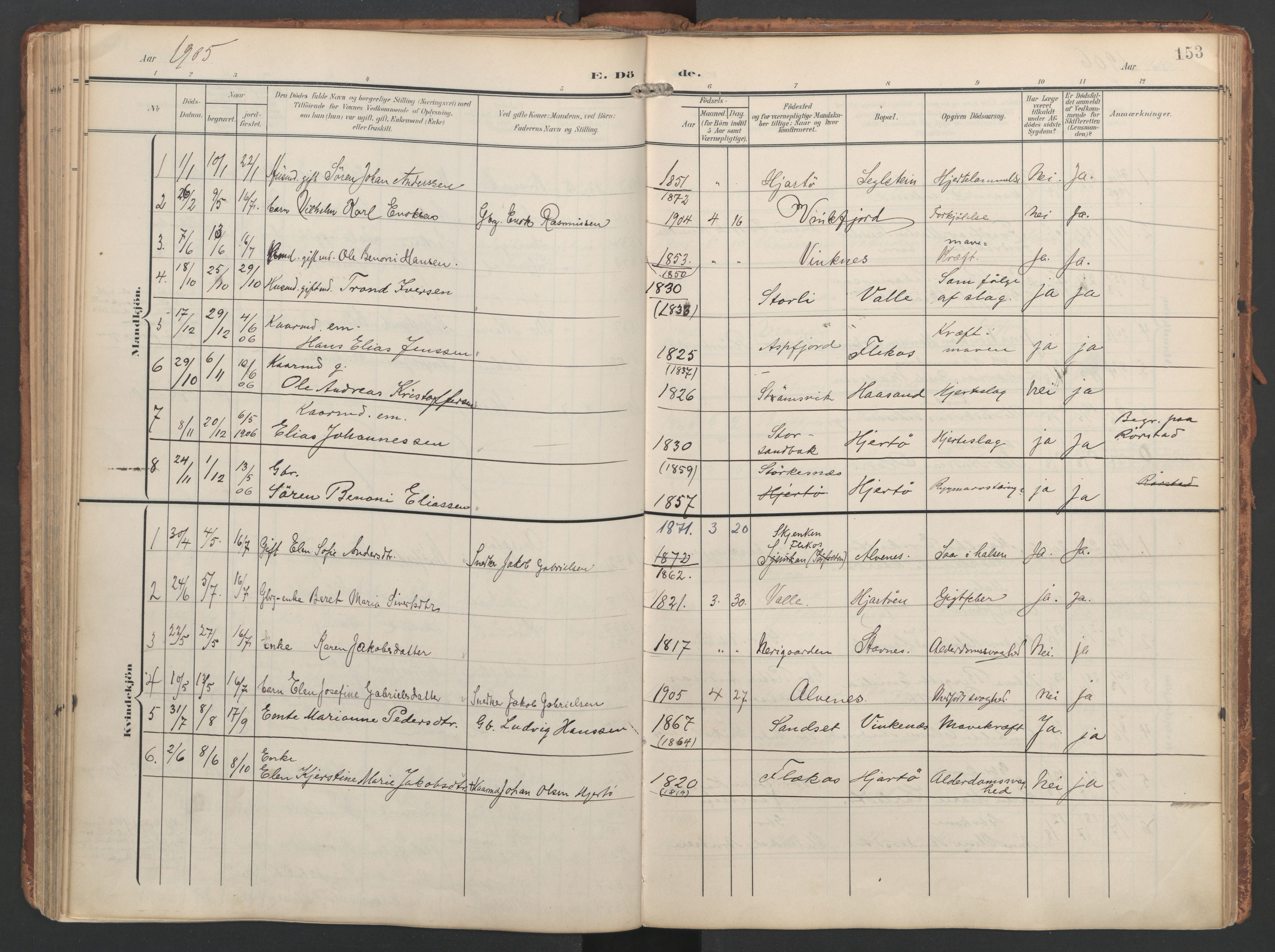 Ministerialprotokoller, klokkerbøker og fødselsregistre - Nordland, AV/SAT-A-1459/858/L0832: Parish register (official) no. 858A02, 1902-1915, p. 153