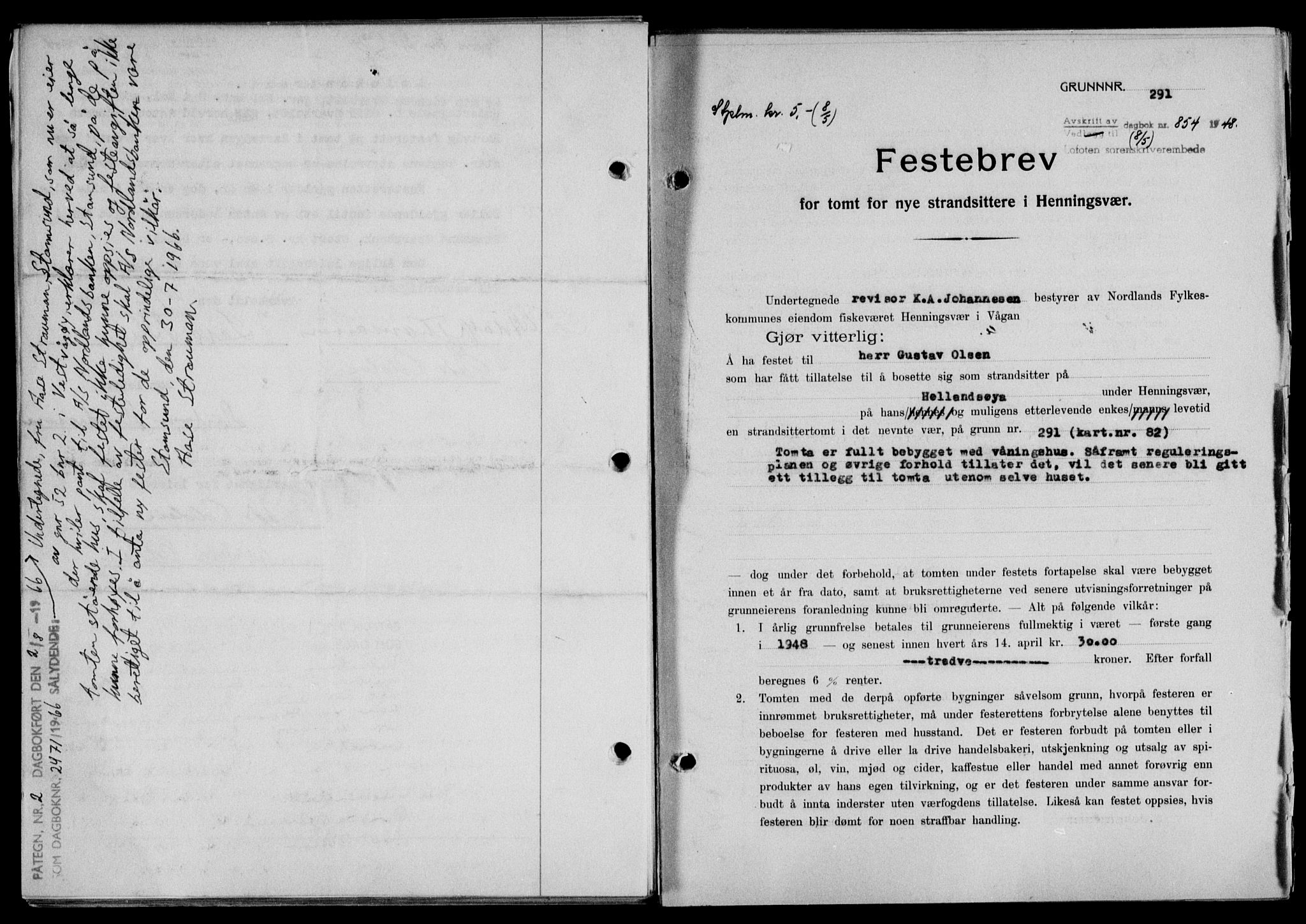 Lofoten sorenskriveri, SAT/A-0017/1/2/2C/L0018a: Mortgage book no. 18a, 1948-1948, Diary no: : 854/1948