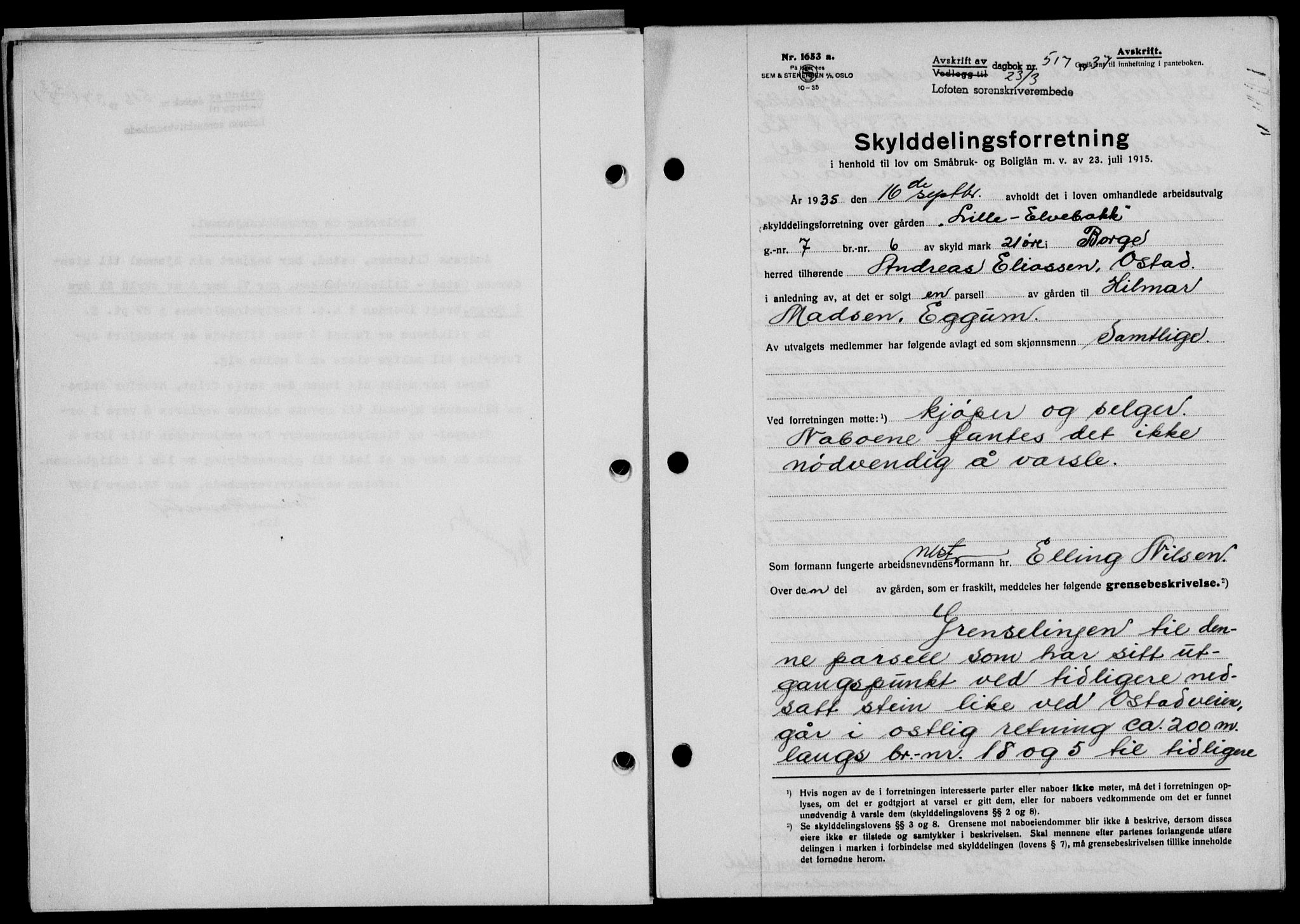 Lofoten sorenskriveri, SAT/A-0017/1/2/2C/L0002a: Mortgage book no. 2a, 1937-1937, Diary no: : 517/1937