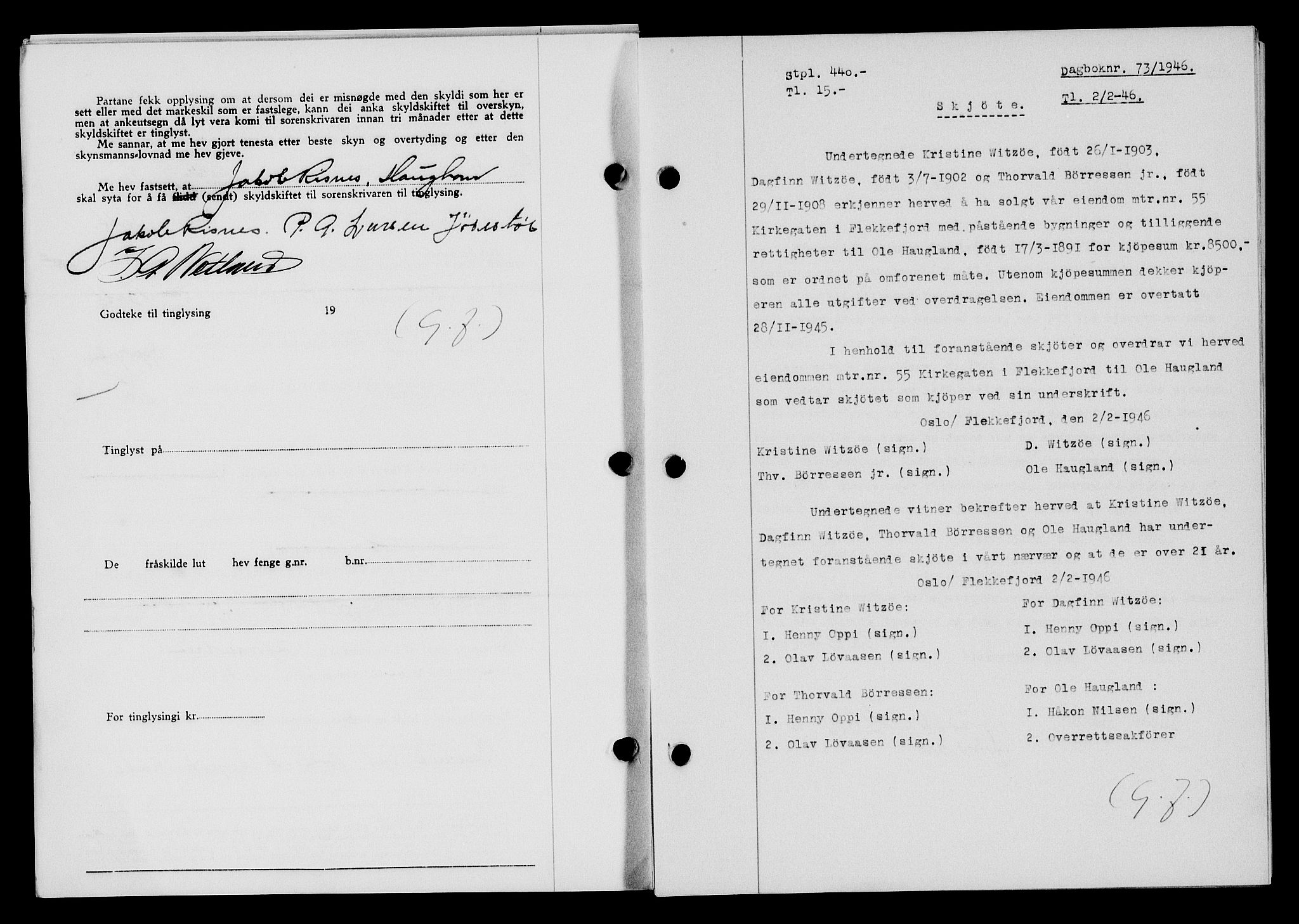 Flekkefjord sorenskriveri, AV/SAK-1221-0001/G/Gb/Gba/L0060: Mortgage book no. A-8, 1945-1946, Diary no: : 73/1946