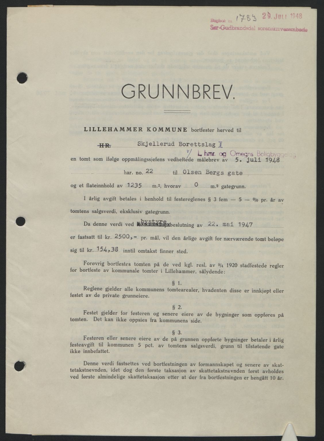 Sør-Gudbrandsdal tingrett, SAH/TING-004/H/Hb/Hbd/L0022: Mortgage book no. A22, 1948-1948, Diary no: : 1783/1948