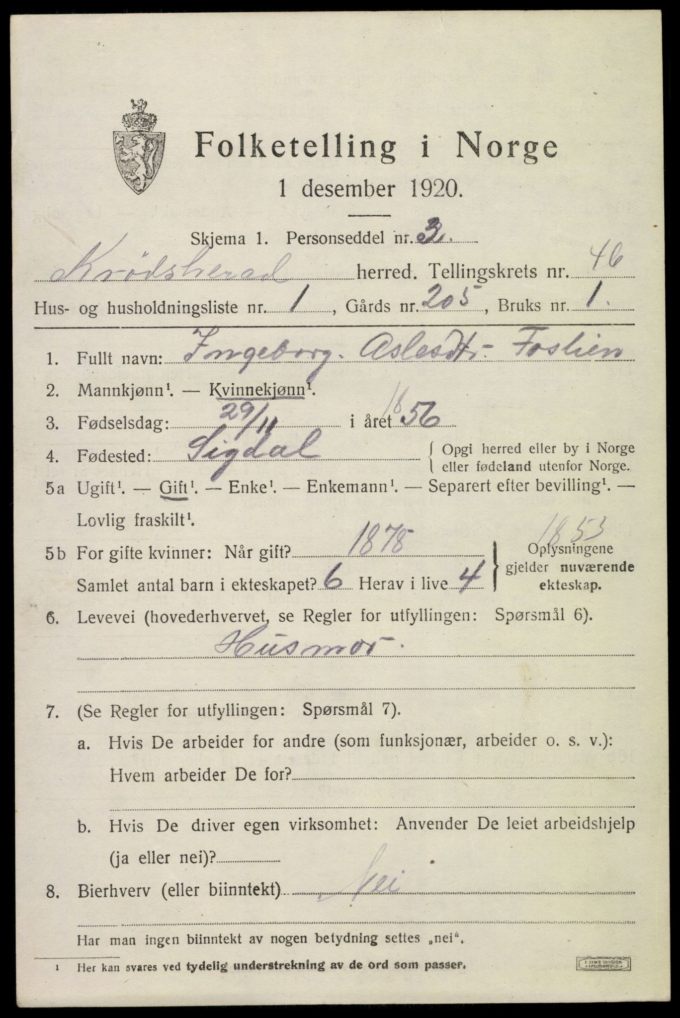 SAKO, 1920 census for Krødsherad, 1920, p. 4951