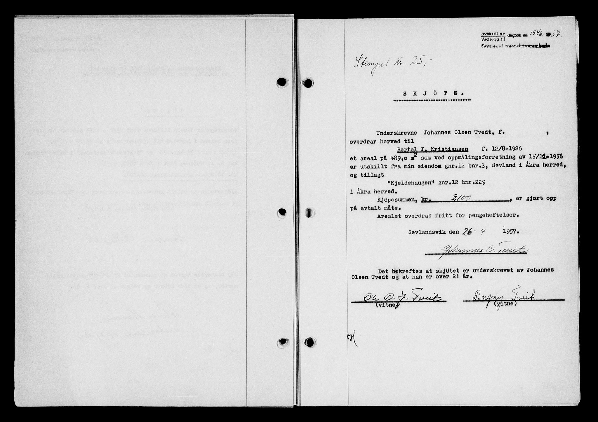 Karmsund sorenskriveri, SAST/A-100311/01/II/IIB/L0125: Mortgage book no. 105A, 1957-1957, Diary no: : 1546/1957