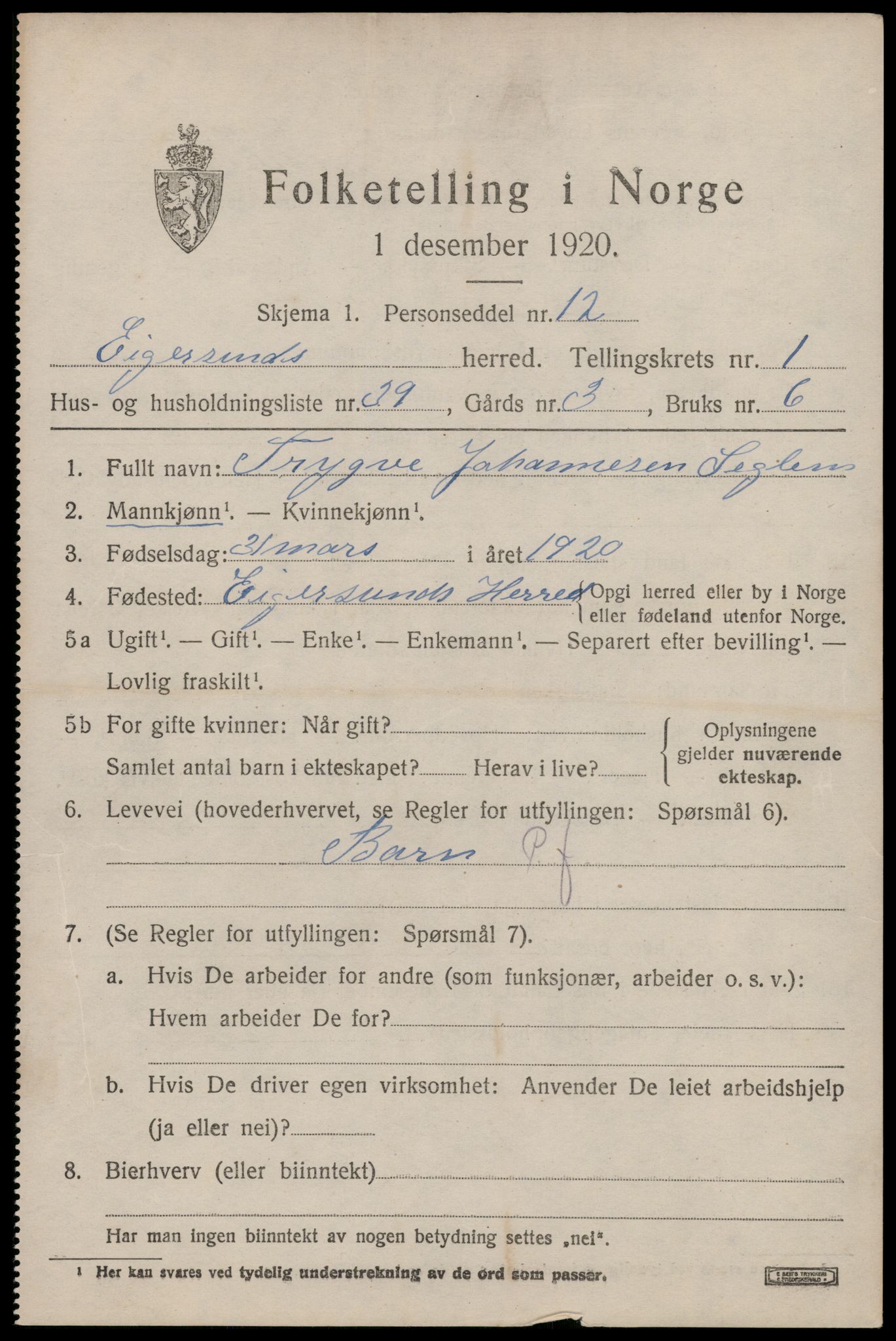 SAST, 1920 census for Eigersund, 1920, p. 1611