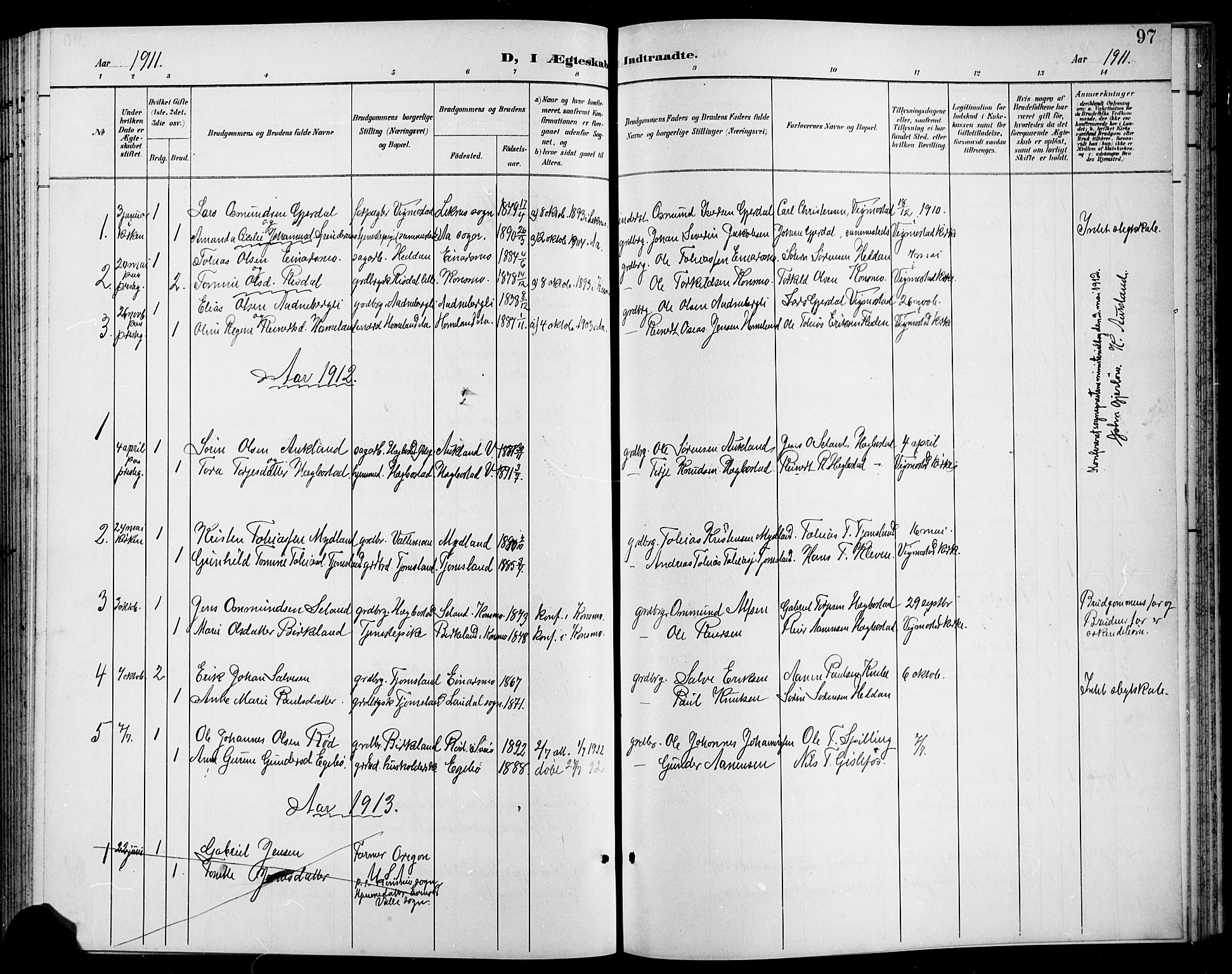 Nord-Audnedal sokneprestkontor, AV/SAK-1111-0032/F/Fb/Fbb/L0004: Parish register (copy) no. B 4, 1901-1917, p. 97