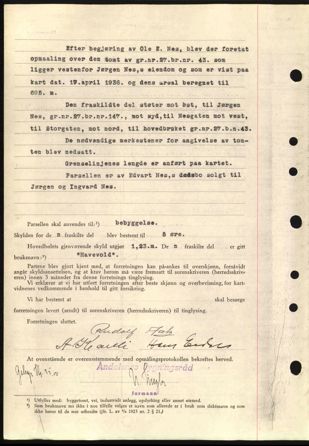 Romsdal sorenskriveri, AV/SAT-A-4149/1/2/2C: Mortgage book no. A1, 1936-1936, Diary no: : 1581/1936