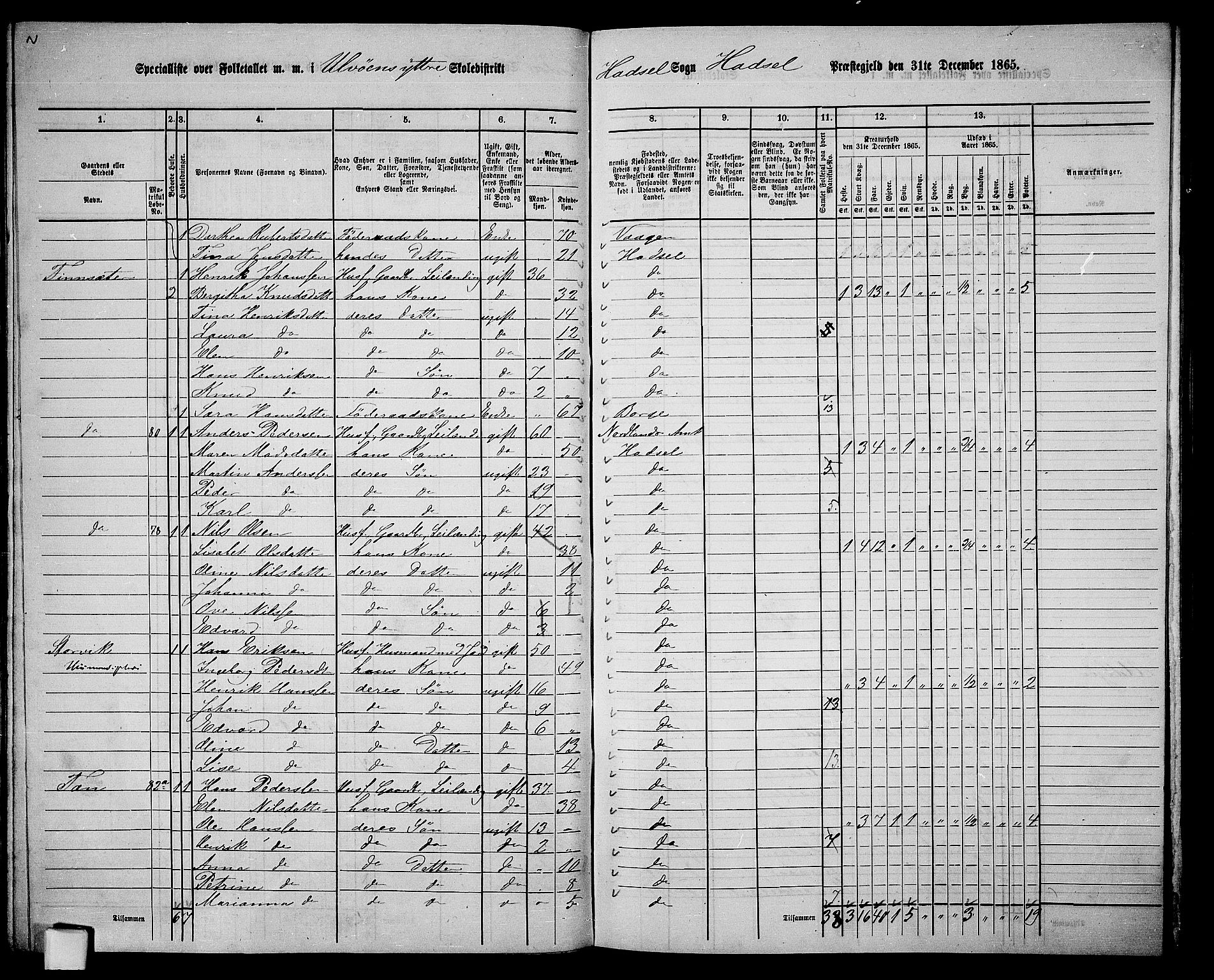 RA, 1865 census for Hadsel, 1865, p. 87